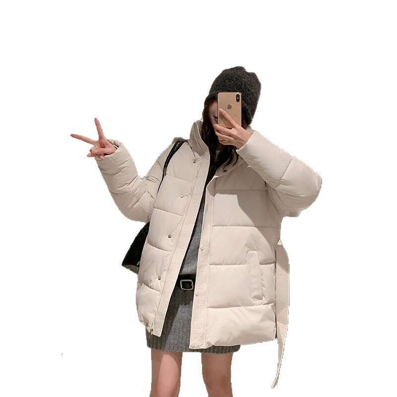 Winter New Solid Color Waist Cinched Hooded Fashion Versatile Trendy Korean Style Mid-Length Cotton Jacket for Women
