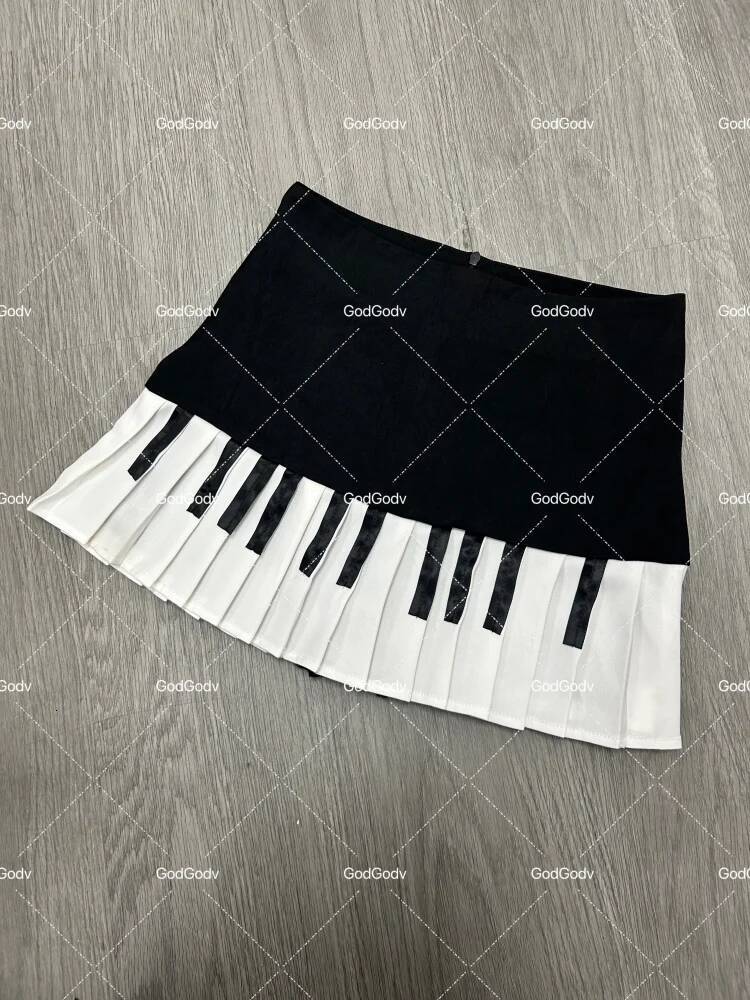 Spring Black White Spliced Women Short 2025 Y2k Slim Design Haruku Mini Female Empire Korea Style Chic Piano Skirt dongdumaoyi