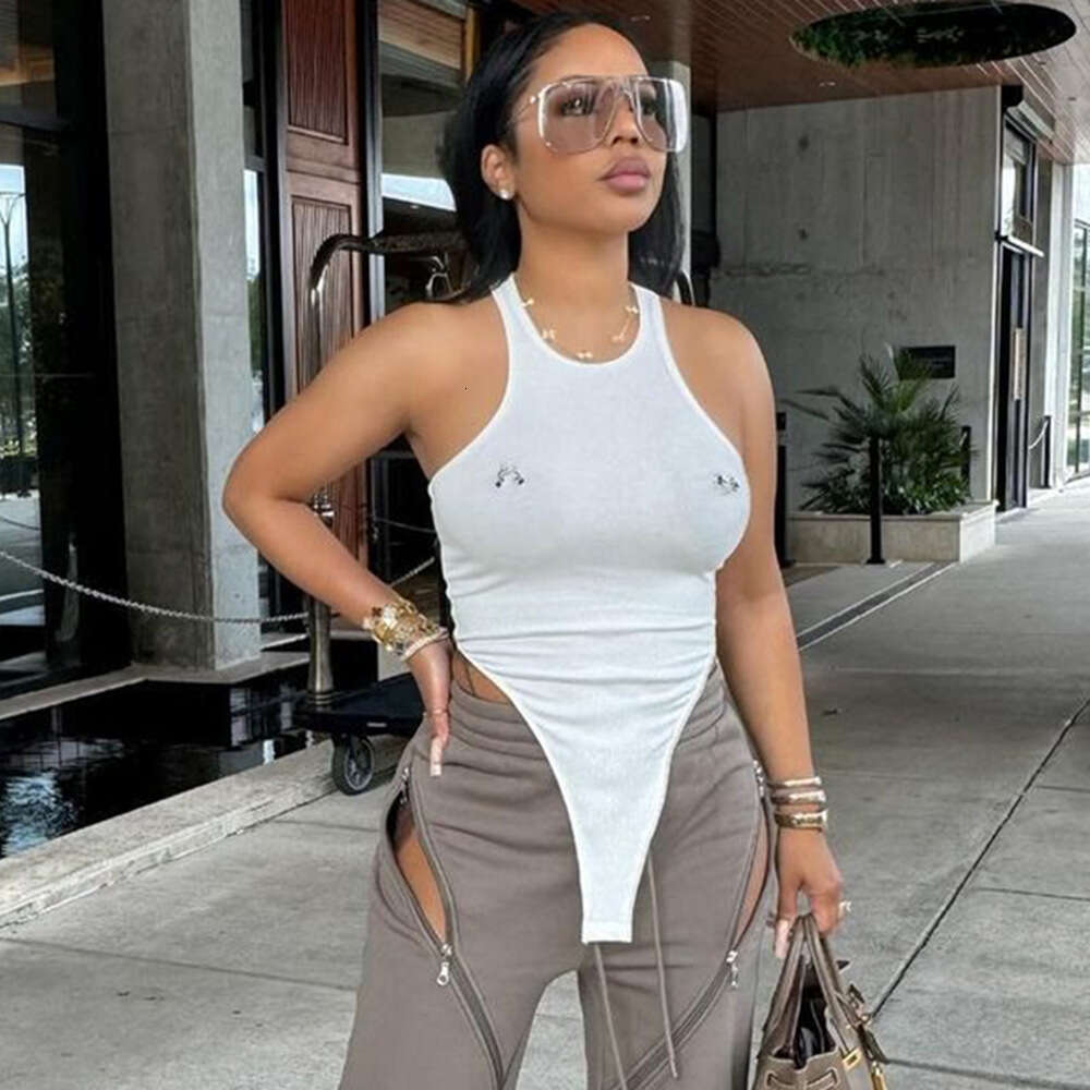 Trendy Summer Women's New Sexy Hot Girl Round Neck Hollow Out Crotchless Three-Dimensional Designer Shoe Decorated One-Piece Top