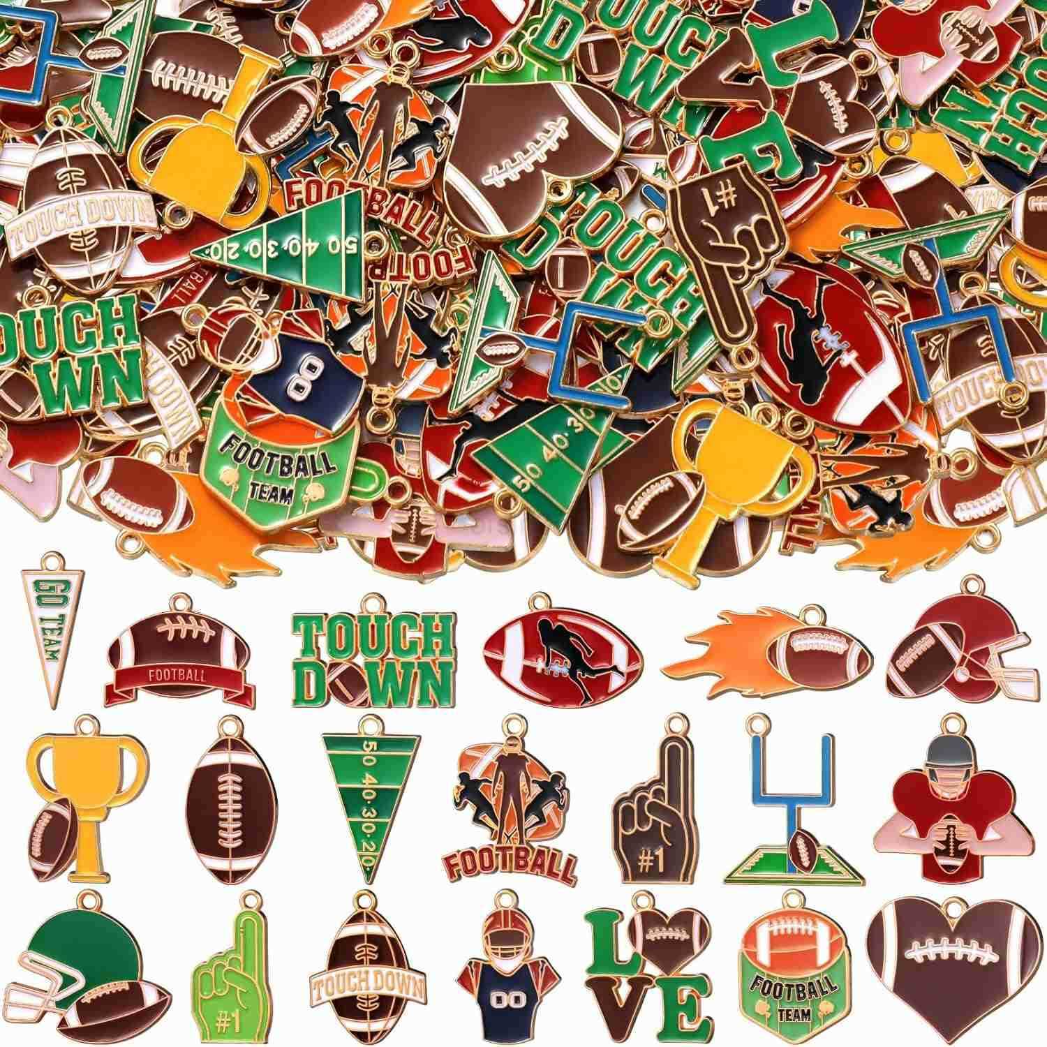 100 Pcs Football Charms Bulk for Jewelry Making Mixed Colorful Alloy Sport Charms Pendants for Necklace Earrings Head Cord DIY Crafts AccESSory Party 