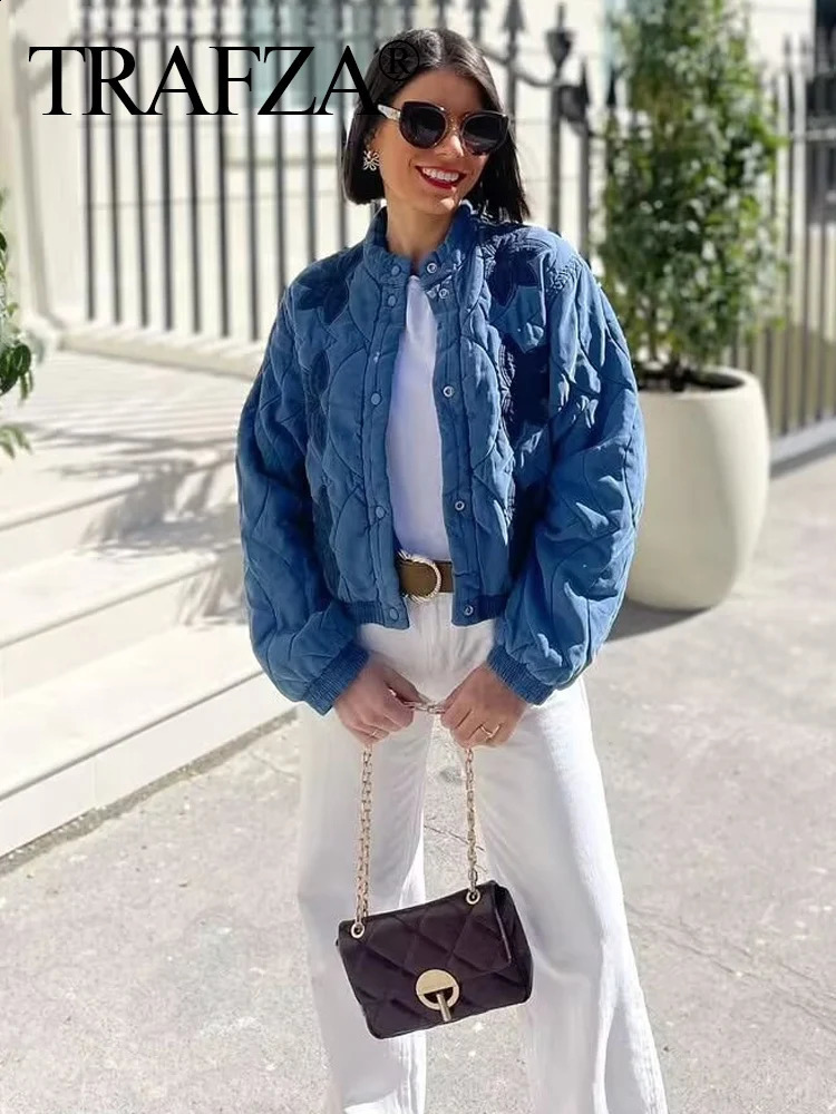TRAFZA Fashion Women Quilted Cotton Jacket Autumn Female Long Sleeve y Padded Short Coats Lady High Street Outwear 250923