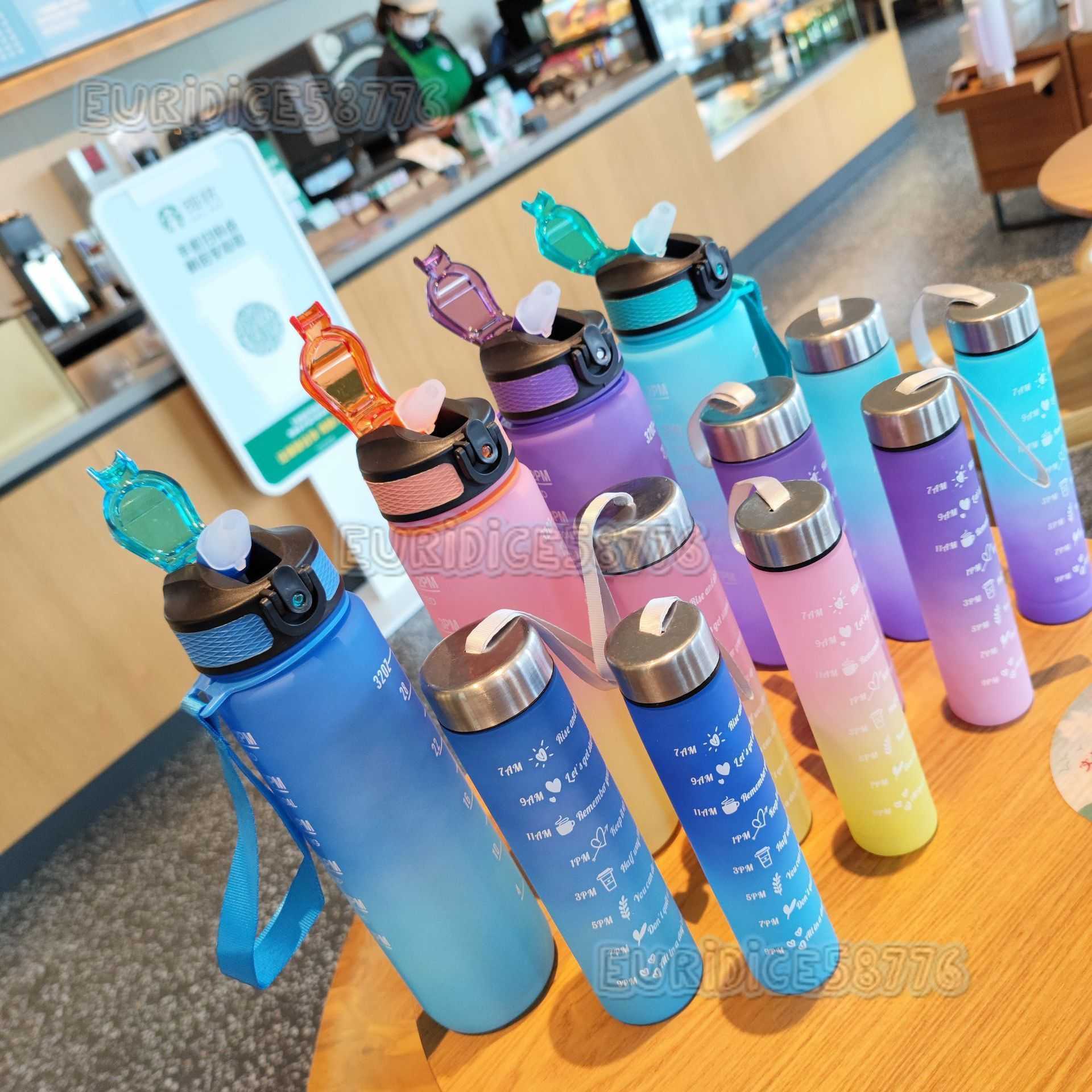 Gradient Color Threepiece Set Space Cup Summer Frosted Sports Water Cup Portable Strap Duckbill Straw Plastic Cup H250911