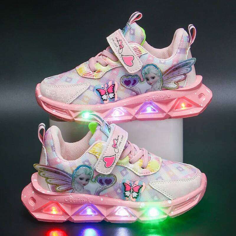 Sports Led Lights Sneaker Cartoon Frozen Princess Elsa PU Leather Girls' Pink Children's Running Shoes