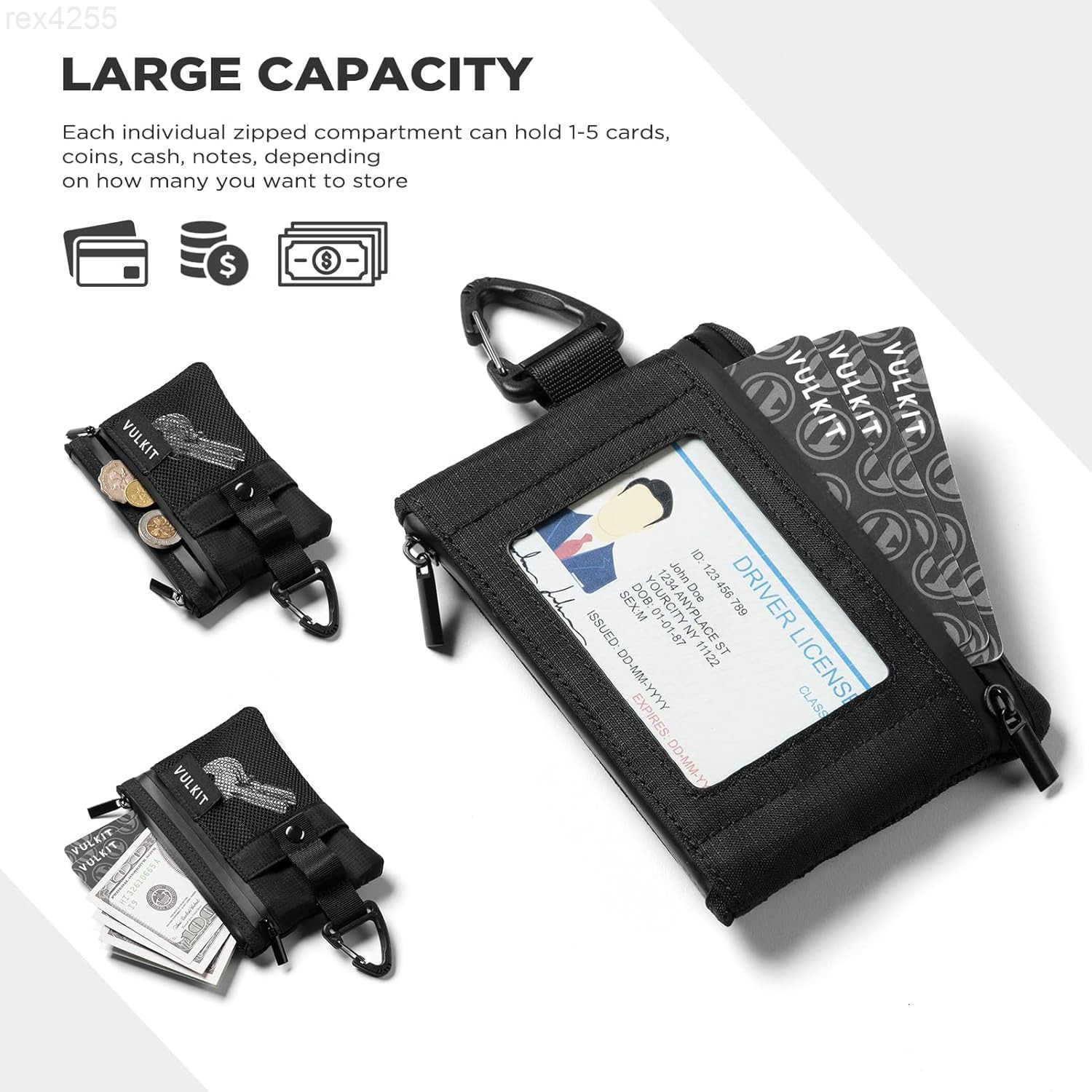 Small RFID Wallet for Women Men Minimalist Zipper Wallet with ID Window Keychain Carabiner Holds 15 Cards Water Resistant Travel Lanyard Wallet BlackW