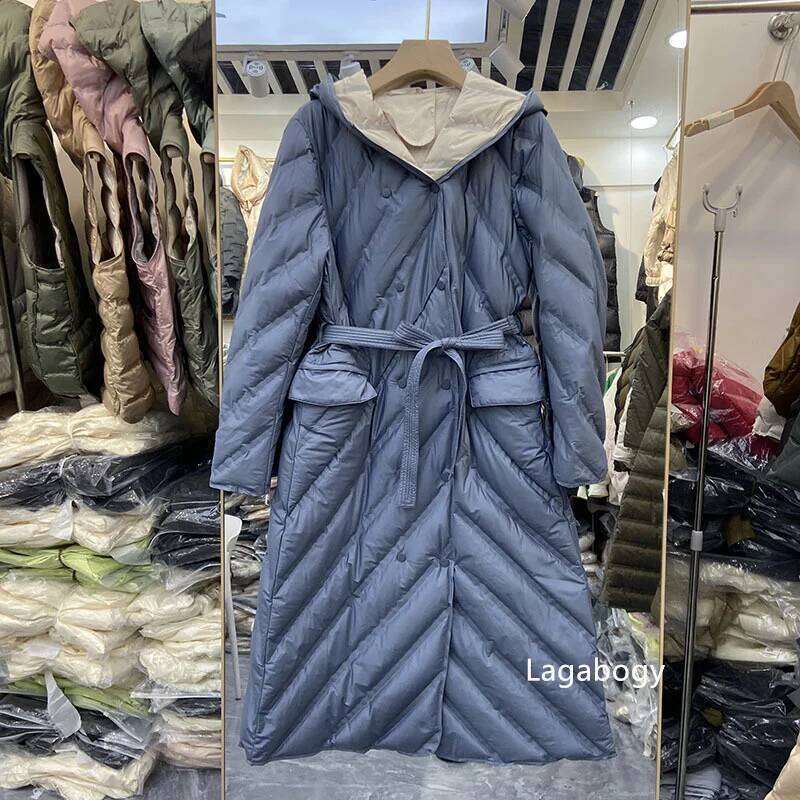 Lagabogy 2025 Winter Coat Women Long Windproof Hooded Warm 90%White Duck Down Jacket Female Double-Breasted Slim Parka With Belt
