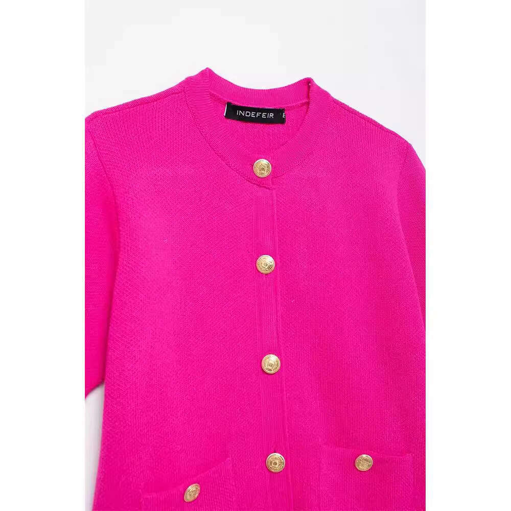 DHEssentials New Style Chanel-Inspired Round Neck Patch Pocket Button Design Short Sleeve Knitted Jacket for Women 6427031