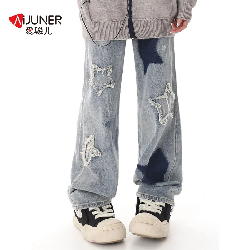 AIJUNER High Waisted Jeans Y2K Fashion Women Star Printed Blue Straight Leg Denim Pants Trousers Mom Jean Baggy 250911