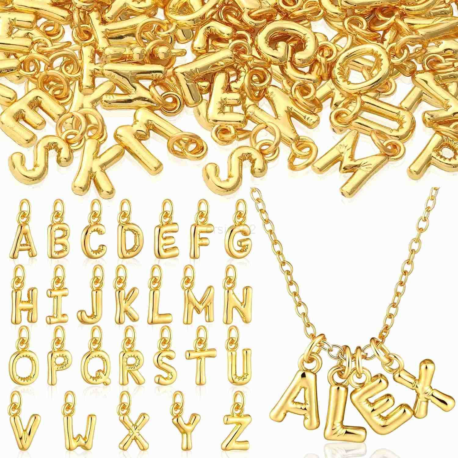18 K Gold Bubbled A Z Alphabet Pendant Letters for Jewelry Making 3D Bubble Slide Glitter Trendy Letters Chunky Initial Alphabet Women DIY NecklaceW25