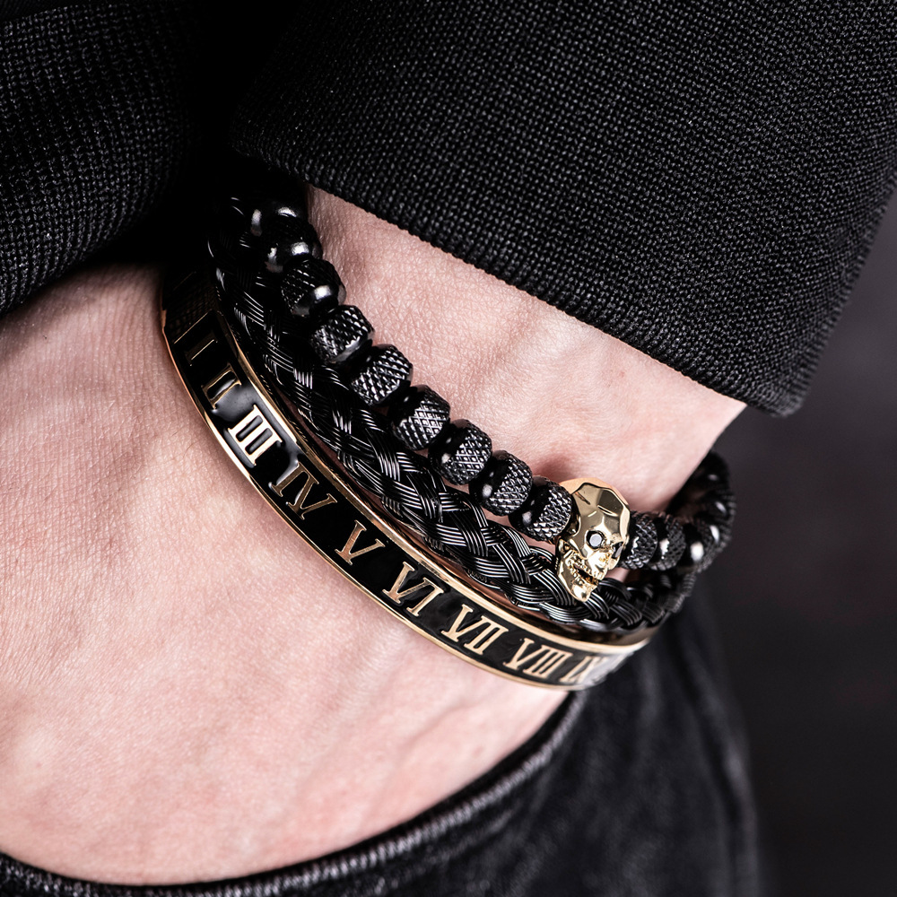 Cut Faced Ghost Head Braiding Bracelet Set Stainless Steel Dripping Roman Numeral Twist Bracelet for Men