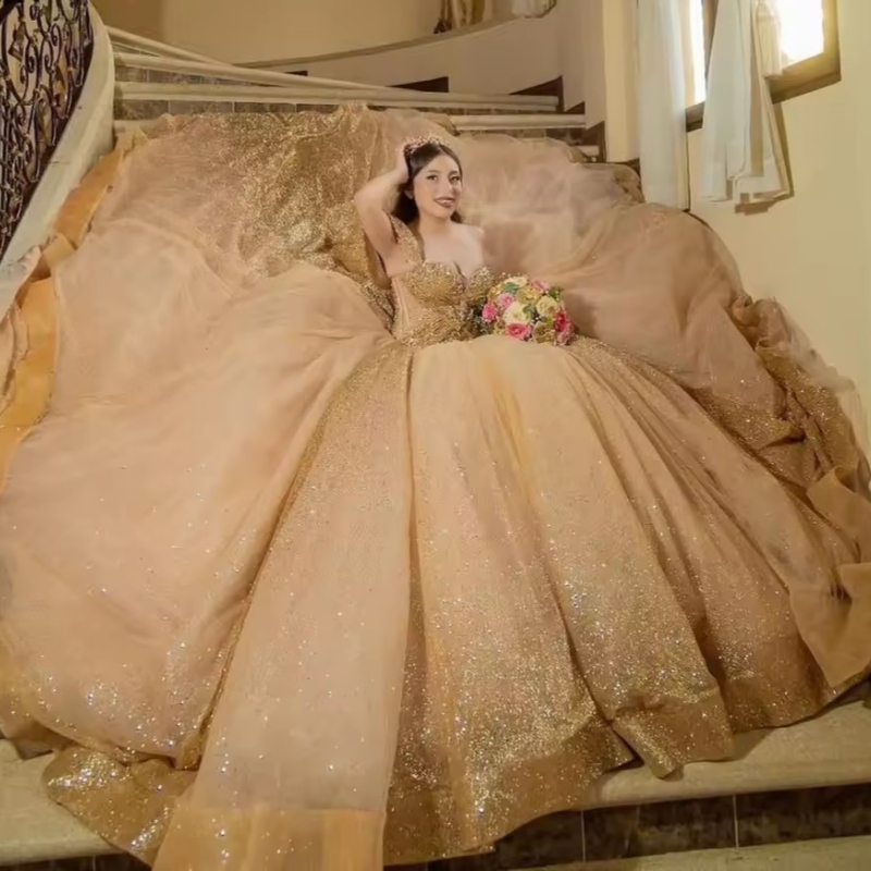 Gold Shiny Quinceanera Dresses Off The Shoulder Party Birthday Vestidos 15 De Anos sweet 16 Dress