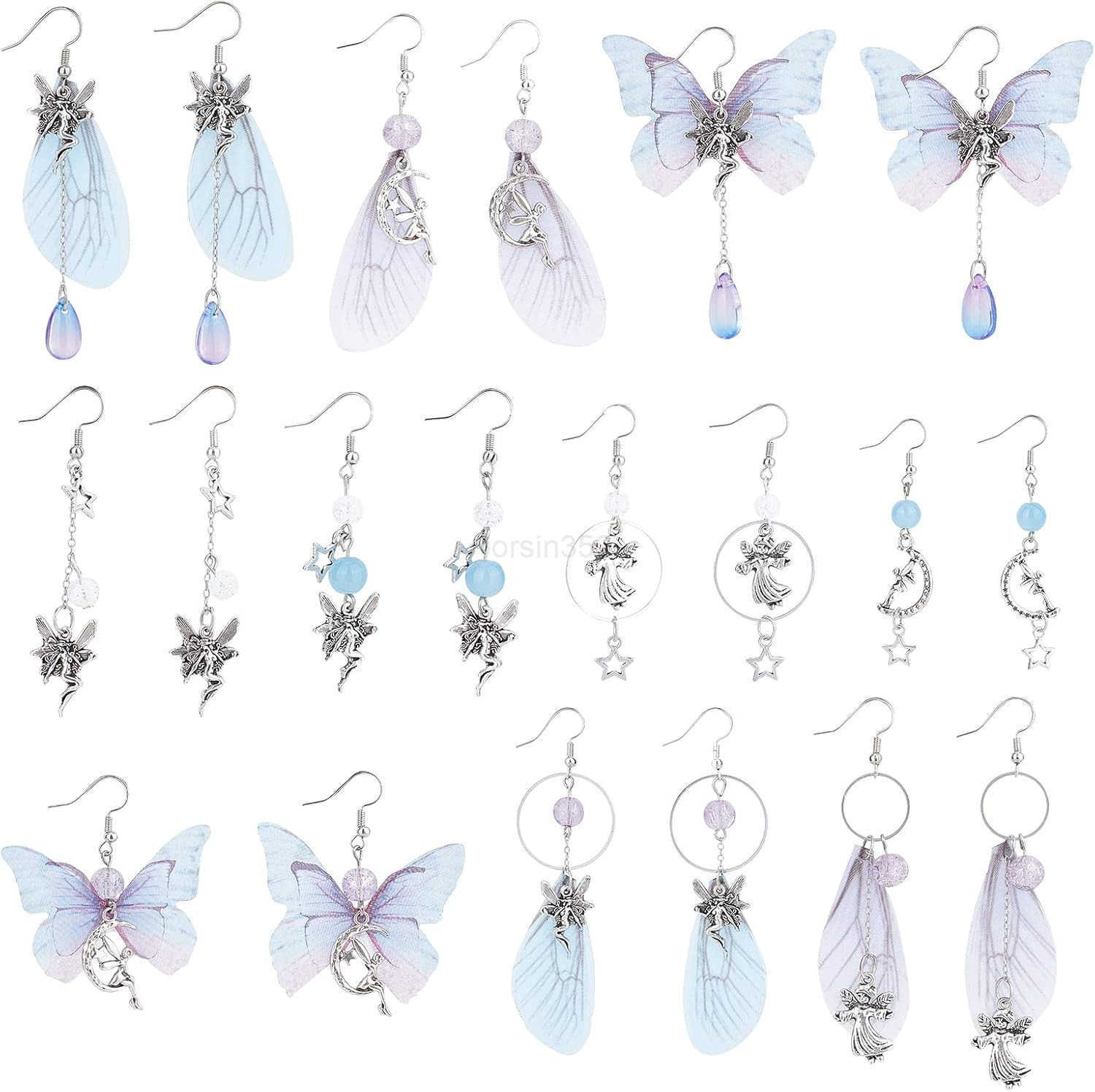 1 Box DIY 10 Pairs Butterfly Dragonfly Wing Earring Making Kits Moon Star Charms Fabric Wings Decoration Glass Beads with Jump Rings for Handmade Earr