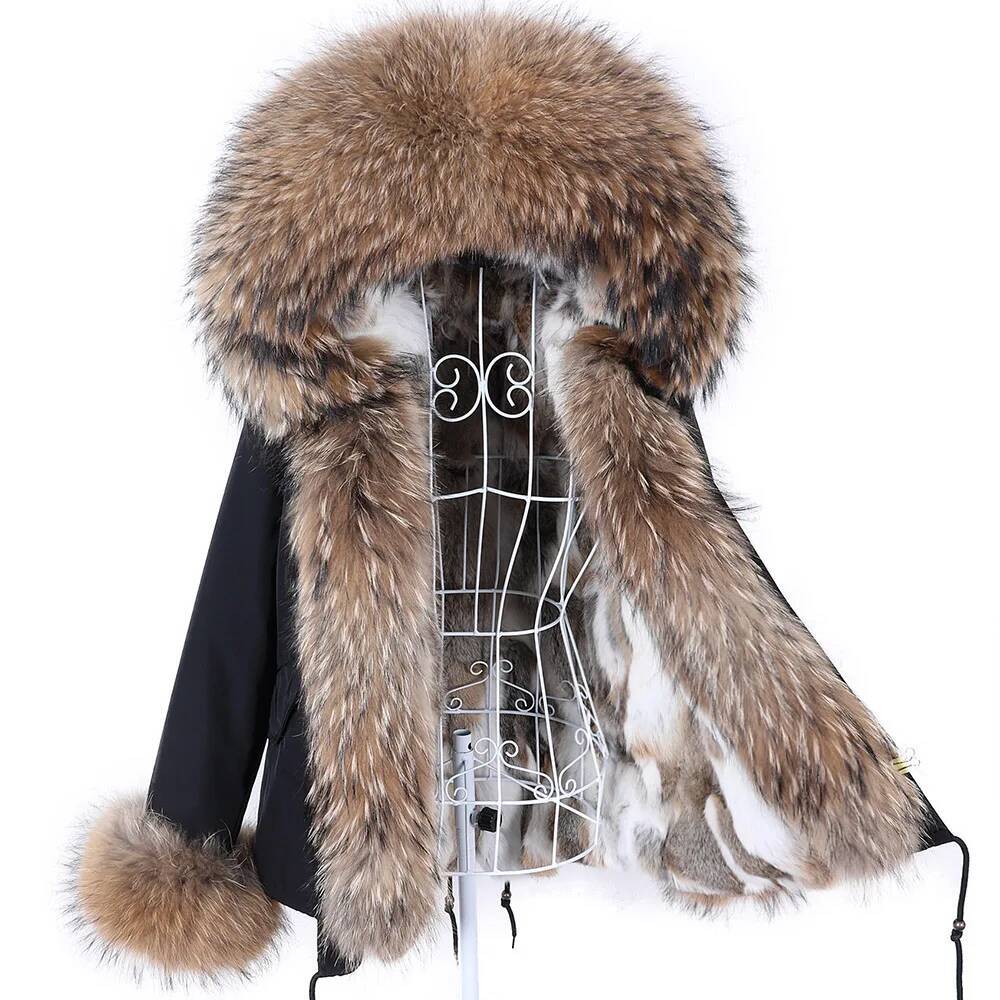 2024 Maomaokong New Women Winter Coat Rabbit Lining Jacket Natural Real Raccoon Collar Parka Fox Fur Short Female Clothing