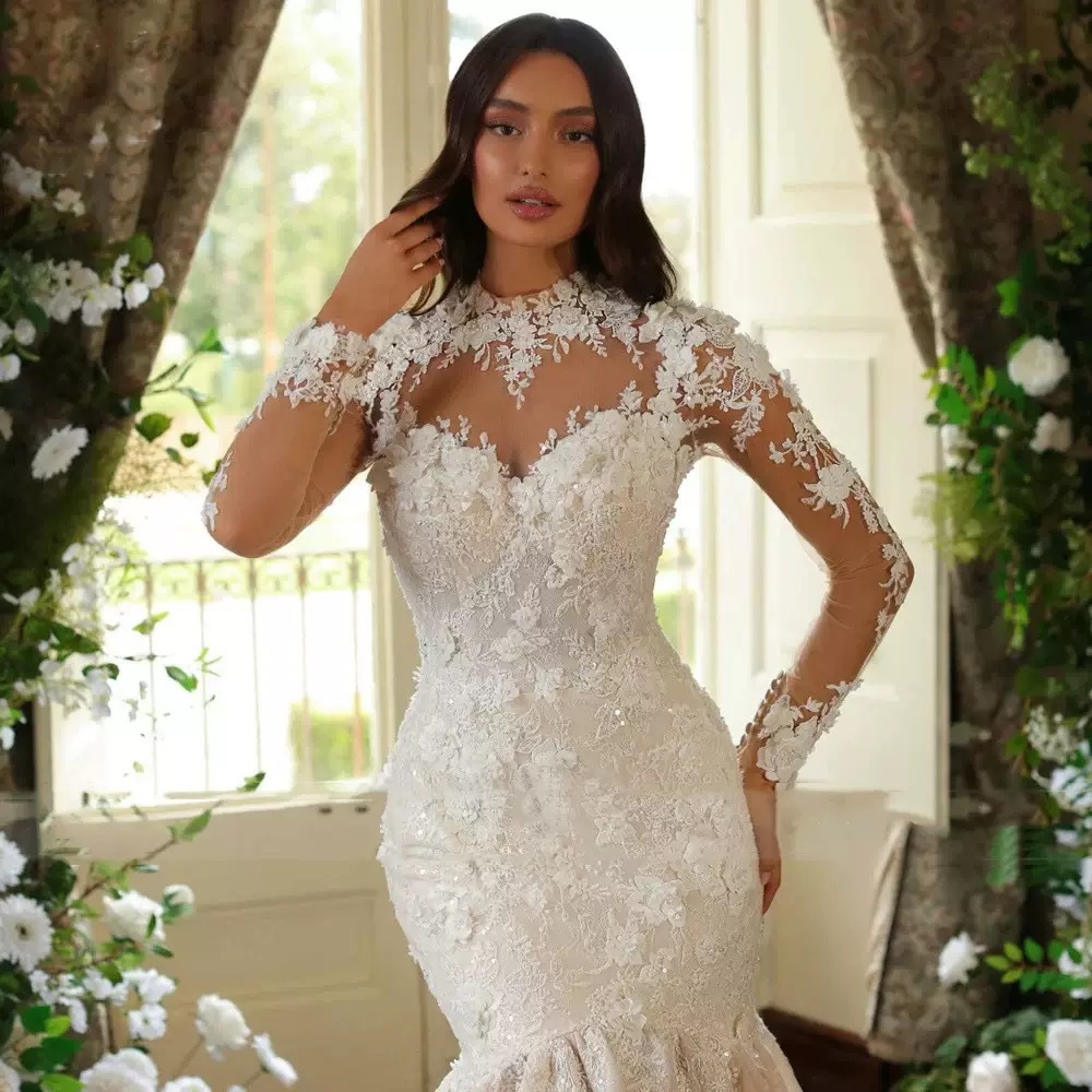 Vintage Mermaid Wedding Dress 2026 High Neck 3D Flowers Lace Appliques Long Illsuion Sleeves Sequins Beads Bridal Gowns Vestidos De Novia