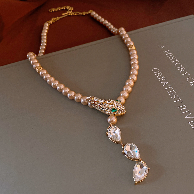 Luxury Brand Designer Jewelry Cross-Level Inlaid Diamond Snake-Shaped Pearl Necklace Earrings Vintage Light Luxury Sweater Chain Retro Niche High-End 