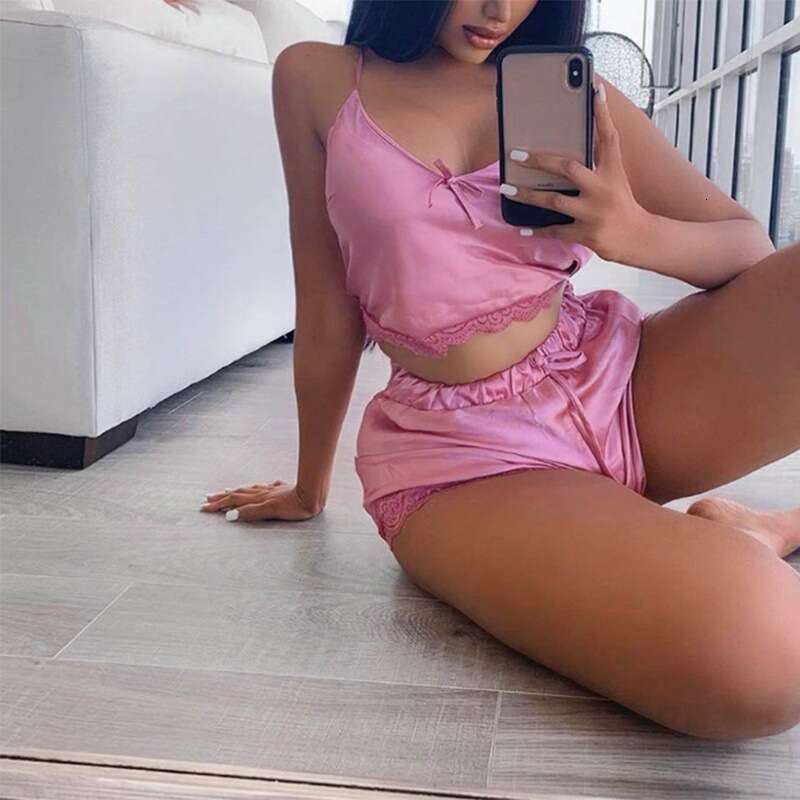 Satin Lace Pajama Set Cami Top & Shorts, Adjustable Fit, Ideal for Lounge & Bedroom Comfort