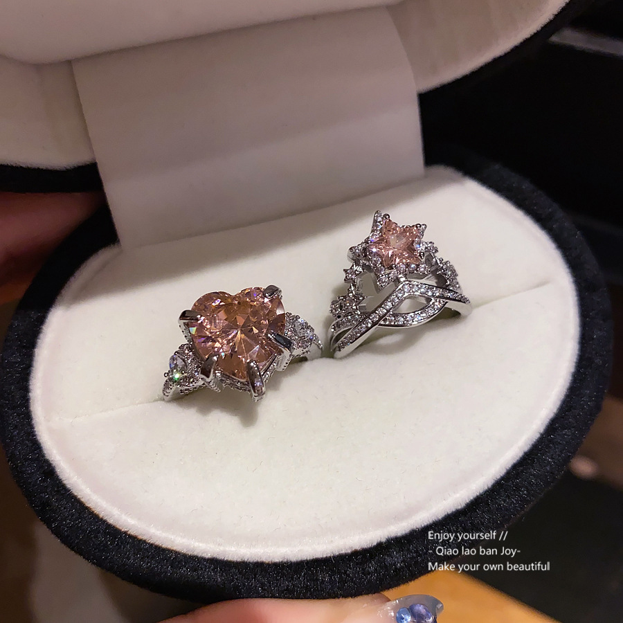 Silver - Toned Ring With Pinkish Orange Heart - Shaped Crystal, Accent Stones Detail Delicate Daily & Elegant Jewelry Gift For Her High - Quality And 