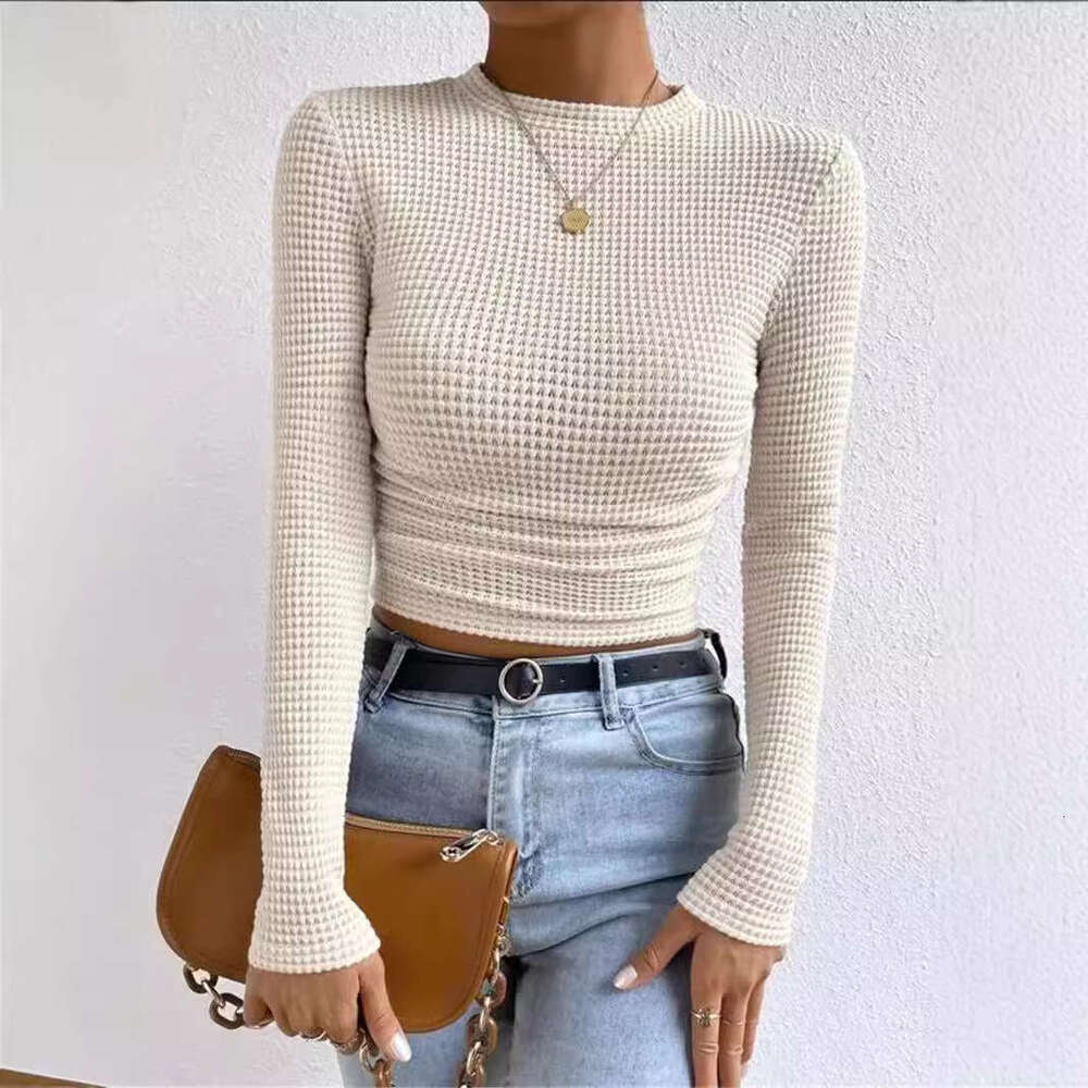 2025 Autumn Winter Slim Fit Long Sleeve Plaid Round Neck Women's T-Shirt with Ruched Detail