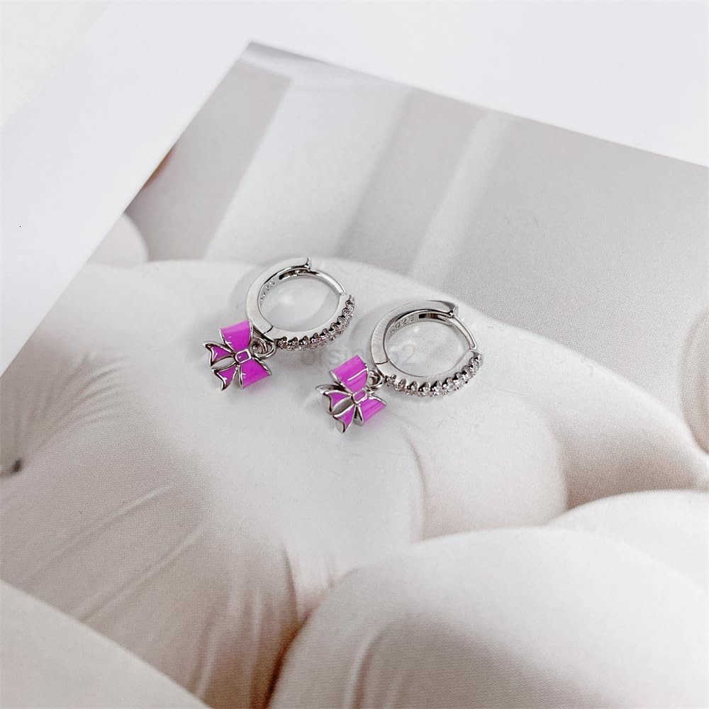 Cute Bow Pink Enamel Ribbon Charm CZ Small Hoop Earrings for Women Cartilage Dainty 925 Sterling Silver Post Gold Plated Bowknot Tiny Mini Huggie Hoop