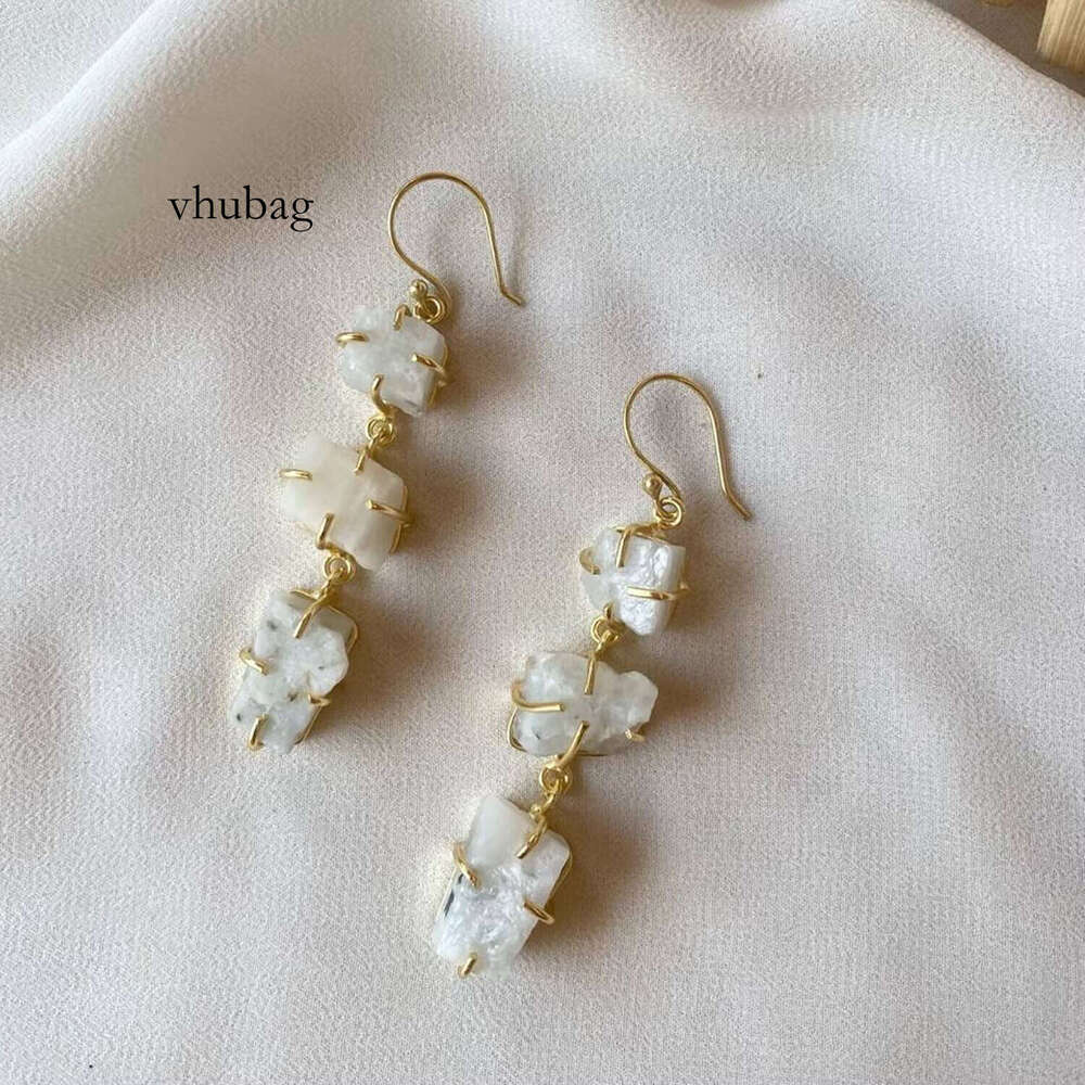 Sterling Sier Women's Handmade Drop Dangle Earrings Raw Rainbow Moonstone Gemstone Prong Setting Wholesale Moissanite