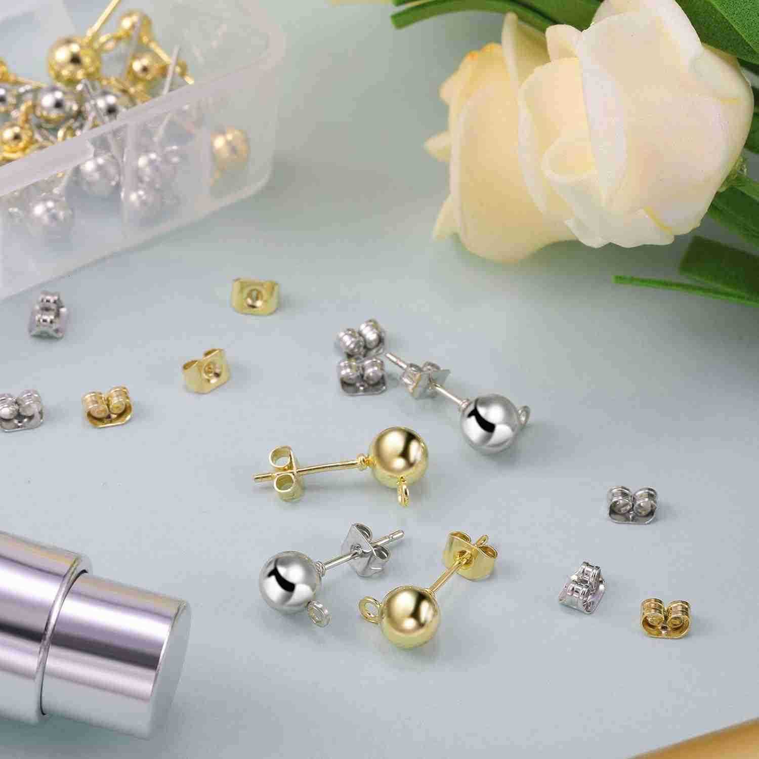 180 Pieces Ball Post Earring Stud with 200 Pieces Butterfly Back Earrings with Loop for DIY Jewelry Making Findings 4 mm 5 mm 6 mmSilver GoldW250911