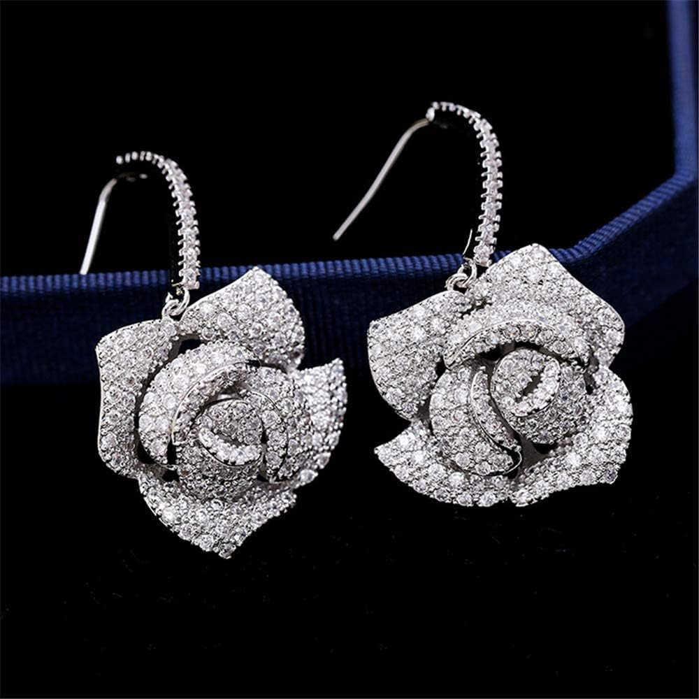 Flower Dangle Stud Earrings for Women Girls with Charms Fashion Luxury Pave Rhinestone Filigree Camellia Rose Dainty Crystal Drop Dangling Wedding Pro