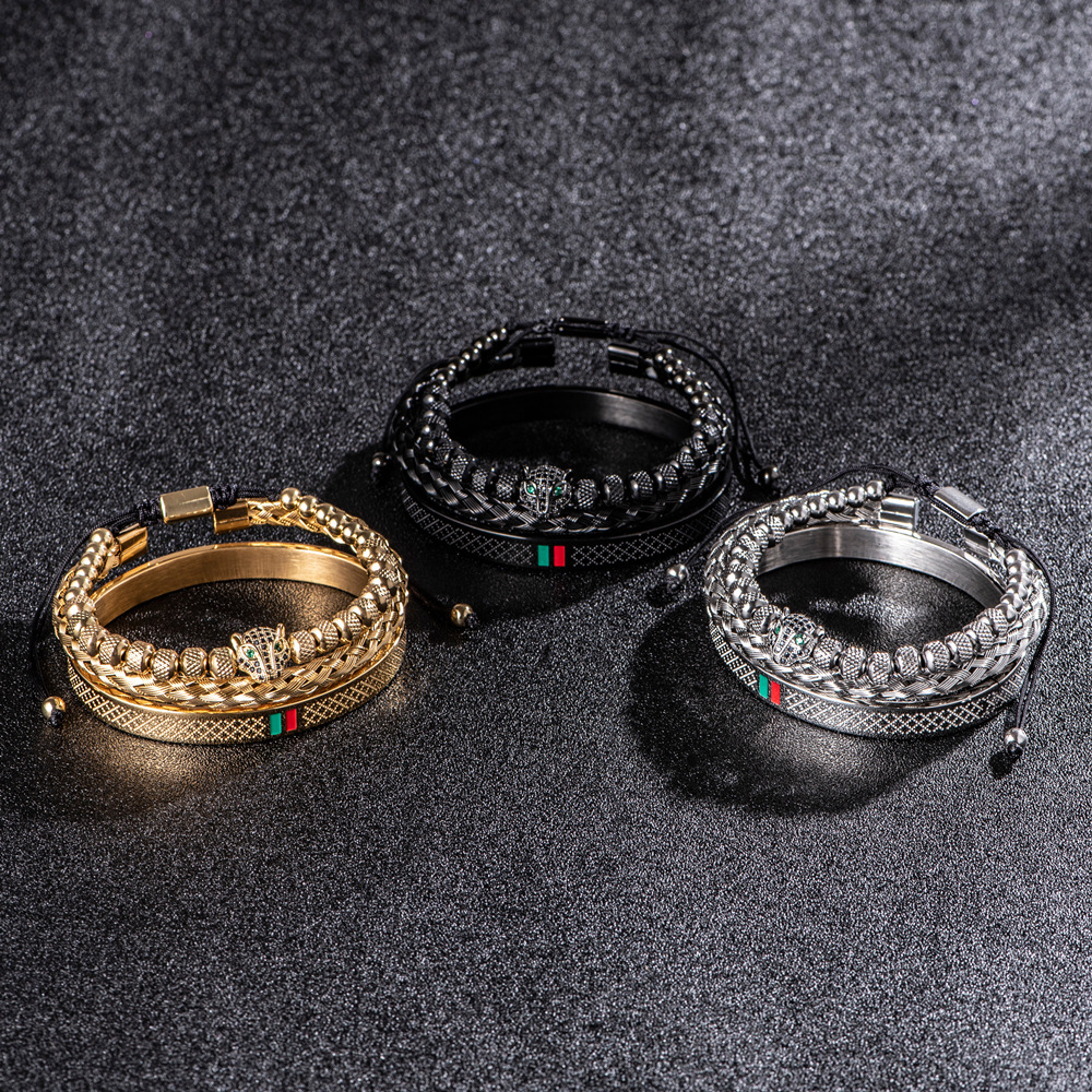 Micro-inlaid Leopard Head Bracelet Set Stainless Steel Green Red And Green Striped Bracelet Designer Jewelry for Men