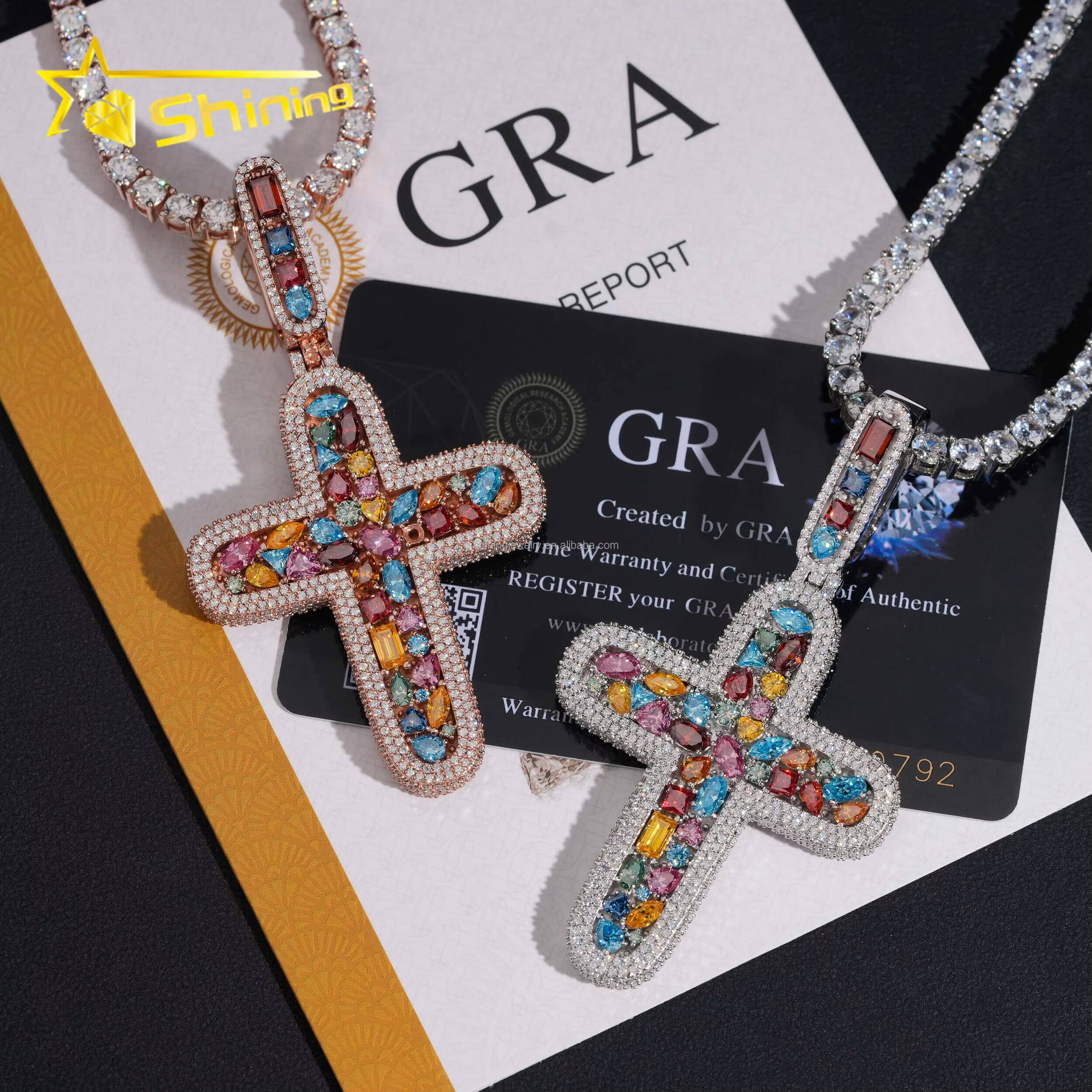 Personalized High Quality Hip Hop Rapper Jewelry Rainbow Color Moissanite Diamond S925 Solid Silver Iced Out Man Cross Pendant
