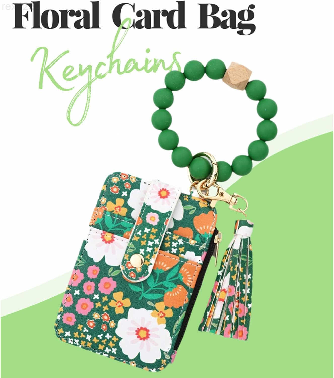Flower Keychain Wristlet Wallets for Women Cute Silicone Beaded Credit Card Holder Aesthetic Key Ring Bracelet Leopard Wallet GreenW250911