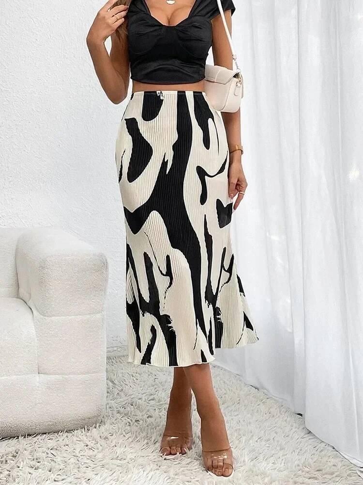 Dressy Casual Graphic Print Pleated Long Skirts Women Autumn Fashion Elastic High Waist Geometry Midi Skirt Streetwear dongdumaoyi