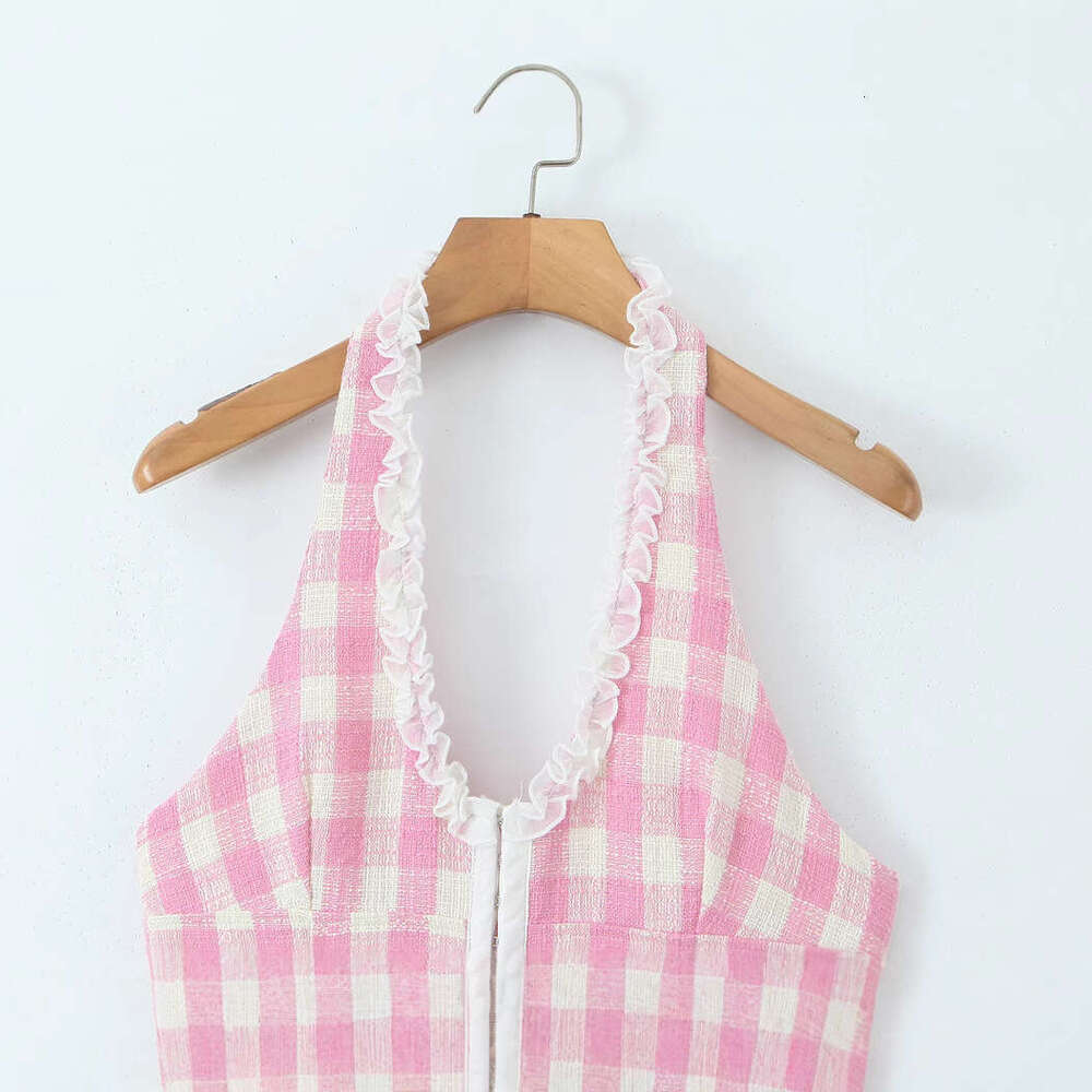 DHEssentials 2025 INS Spring New American Style Sweet Little Fragrance V-Neck Halter Slim Waist Dress