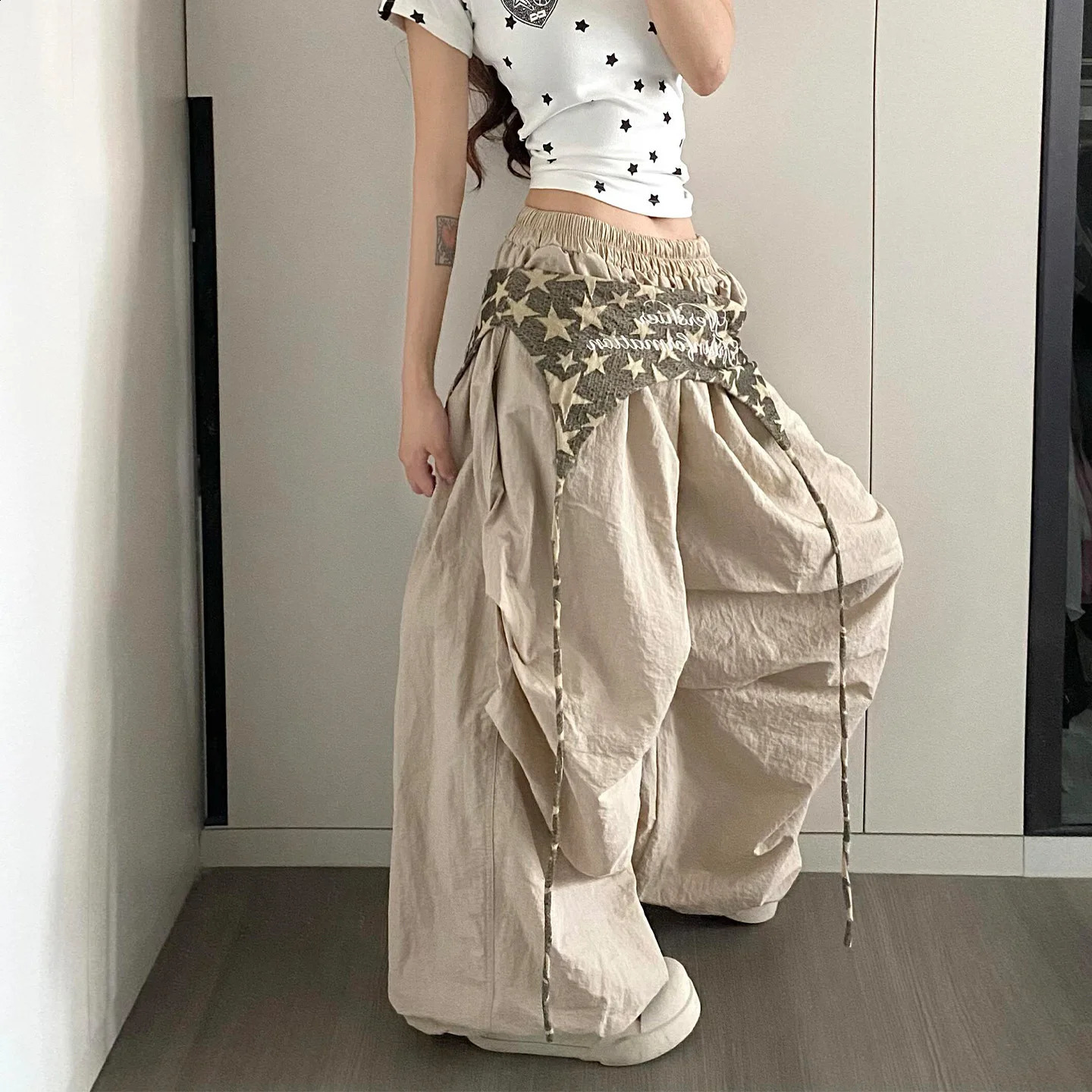 Womens Hiphop Pants American Streetwear Layered Wide Leg Summer Breathable Cargo Trousers for Dance Street Fashion 250911