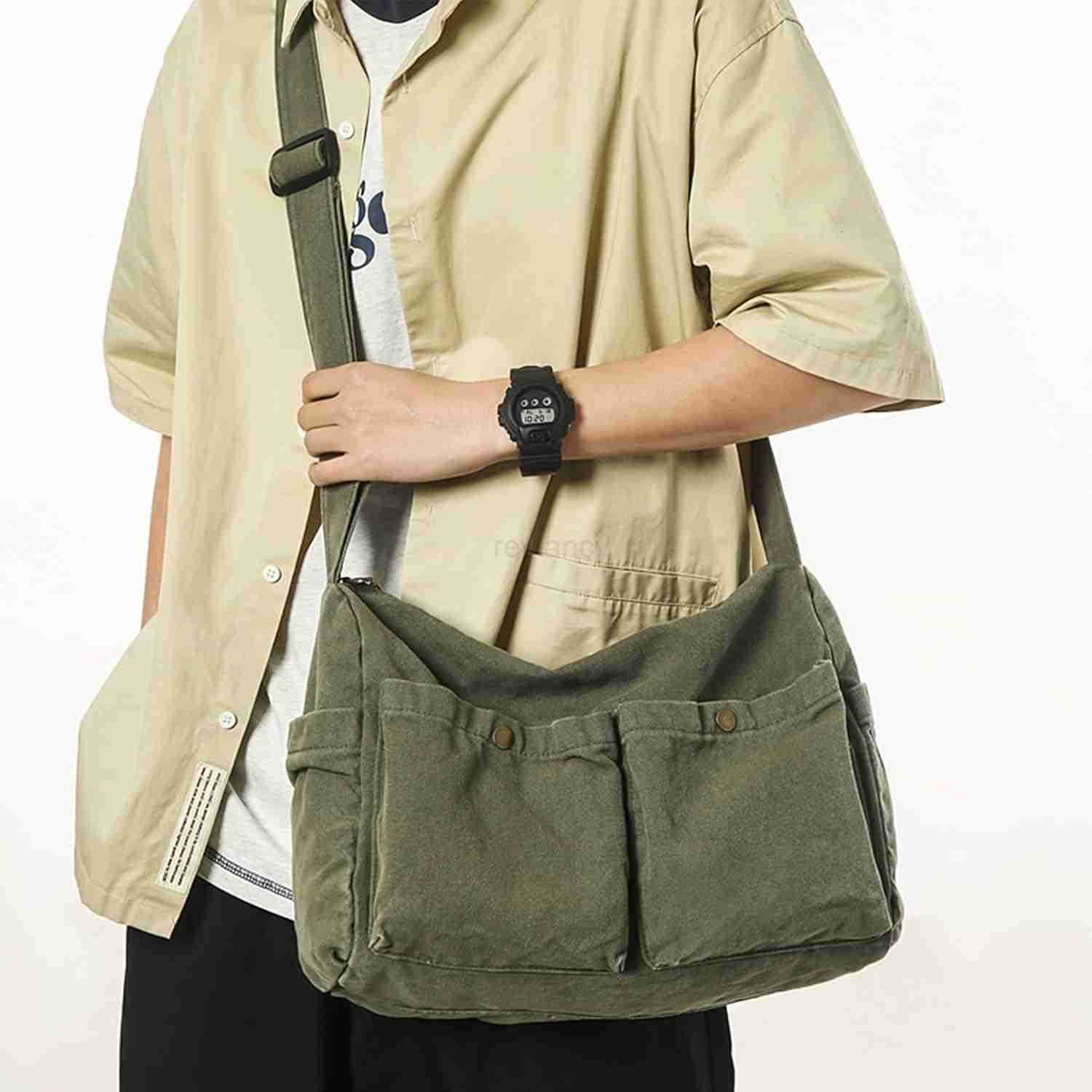 Canvas Messenger Bag Cute Crossbody Tote Bag Shoulder for Women Men for School Aesthetic Hobo with Multiple PocketsW250911