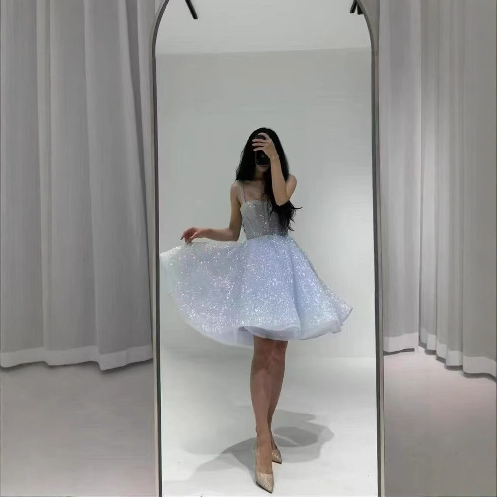Light Blue Spaghetti Strap Short Prom Dresses Sweetheart Beaded Puff Skirt for Women Birthday Customized Formal Occasion Evening Party Gown BQ25