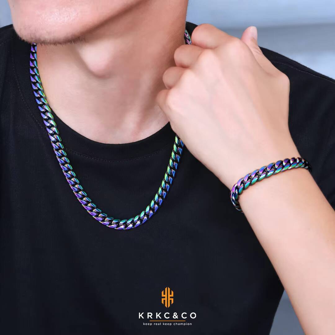 KRKC FaMoissaniteory 2021 Fashion 8mm Real Gold Plated Colorful Stainless Steel Miami Curb Rainbow Cuban Link Chain Necklace Set for Men
