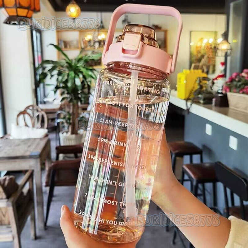 Large Capacity Water Bottle Summer Sports 2000ml Graduated Straw Plastic Cup High Temperature Resistant Water Bottle for Men and Women Large Water H25