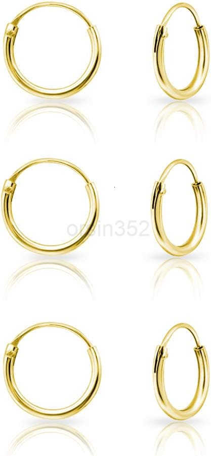 Set of 3 PAIRS of VERY TINY 925 Sterling Silver 24K Yellow or 18K Rose Gold Plated Endless HoopsSleepers Earrings CartilageHelixTragus Thickness 15 mm