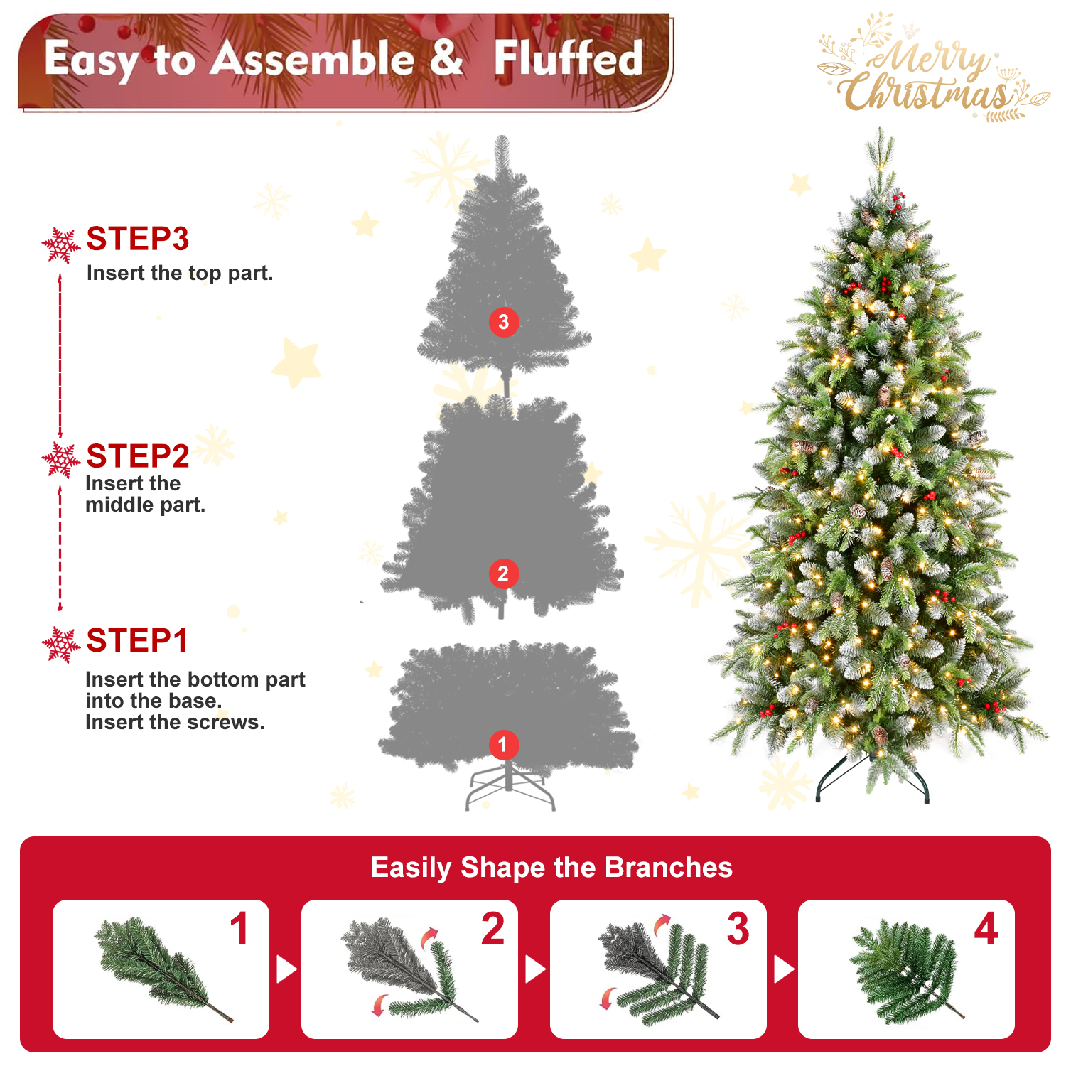 PVC & PE Mixed Warm White Christmas Tree with Red Berries and Natural Pine Cones - 6 Feet