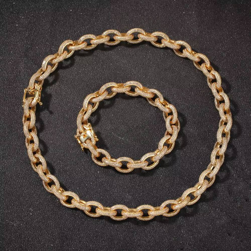 12mm Hiphop Full Iced Out O Shape 18K Gold Plated Rolo Chain for Mens Jewelry