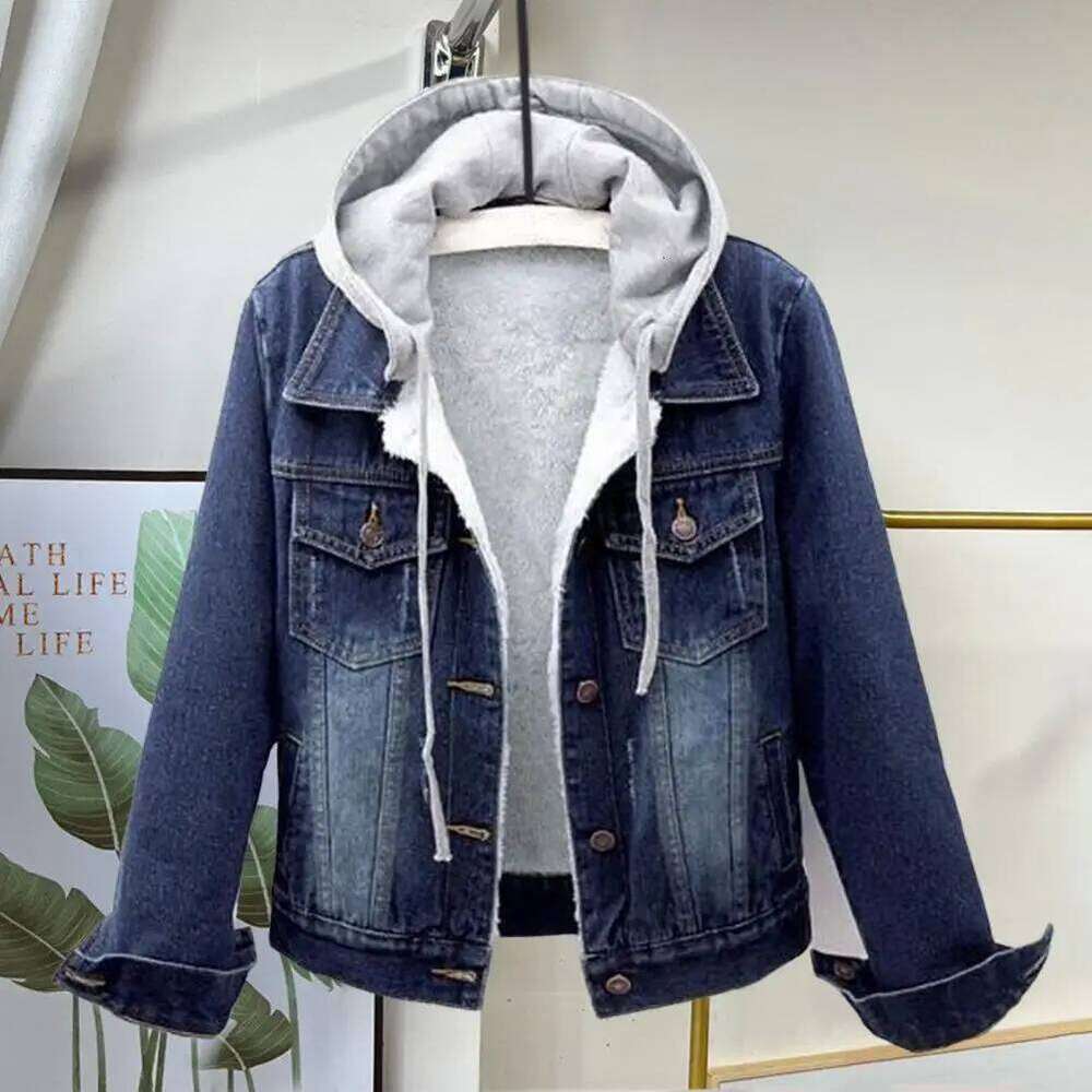 Detachable Hat Flap Pockets Thermal Plus Size Denim Winter Jacket Lady Coat For School