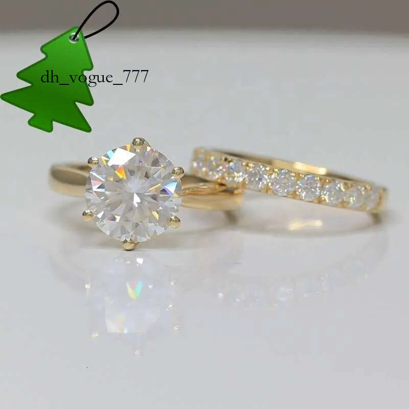 14k Yellow Gold Set Classic 6 Prongs 3.5ct Round Moissanite Solitaire 2.5mm Eternity Ring Band