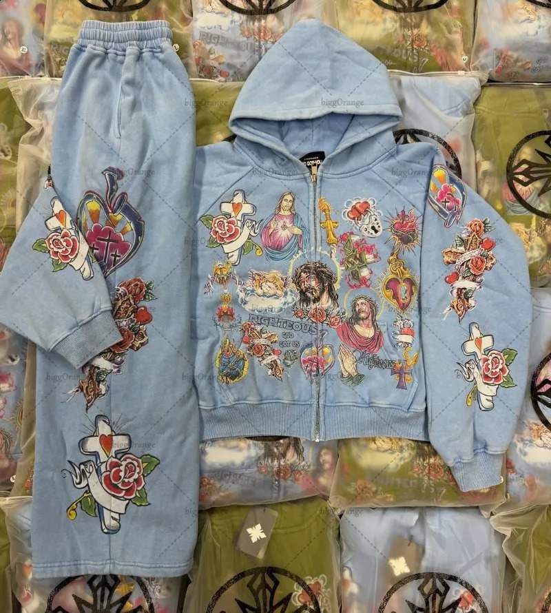 High Street Trendy Streetwear Mens Set TwoPiece Goth Harajuku Y2K Graphic Zipper Hoodie Retro Colorful Casual Sweatpants Women 250911