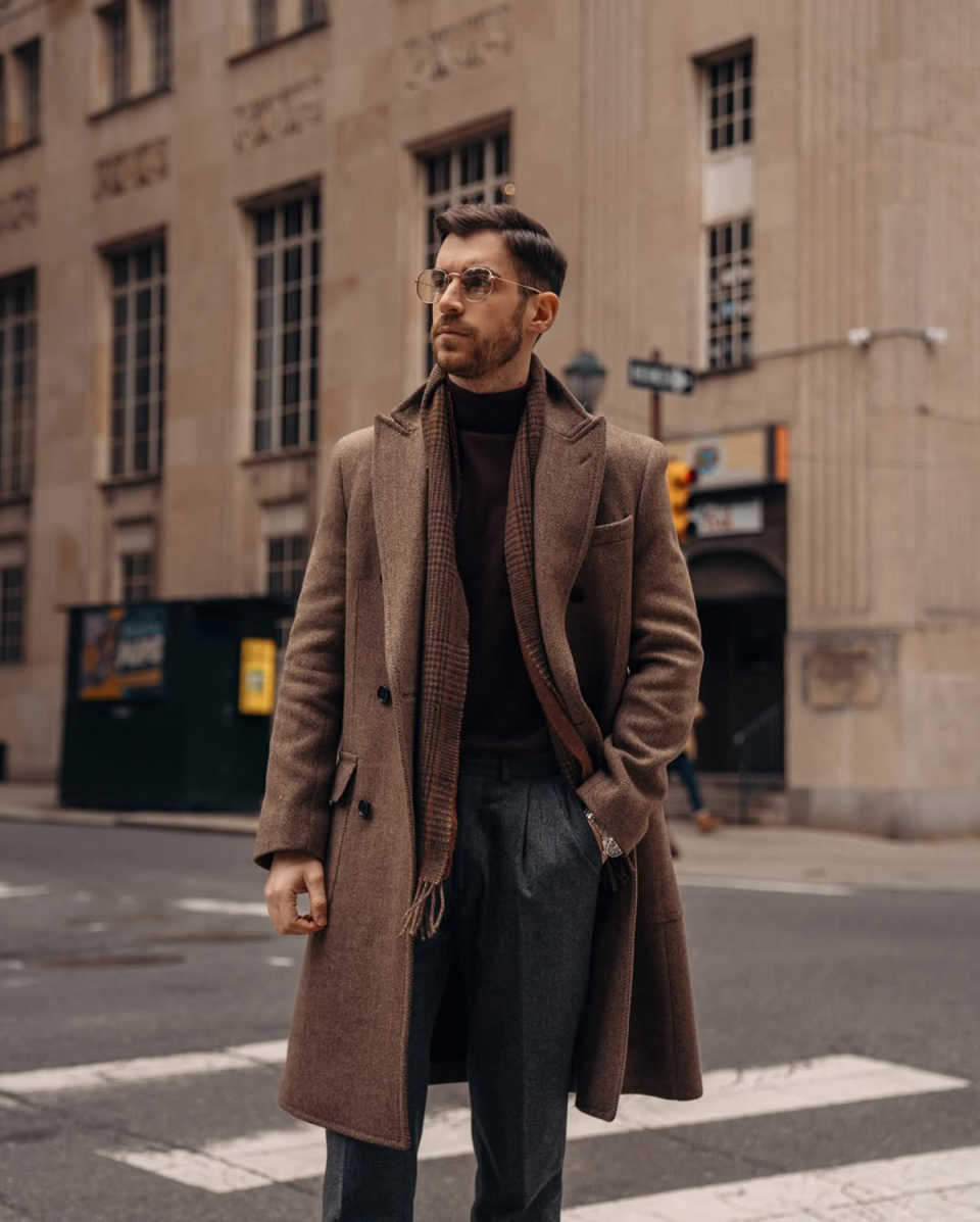 Warm Men Coat Peaked Lapel Double Breasted Wool Blends Causal Long Overcoat Autumn Winter Jacket Customized