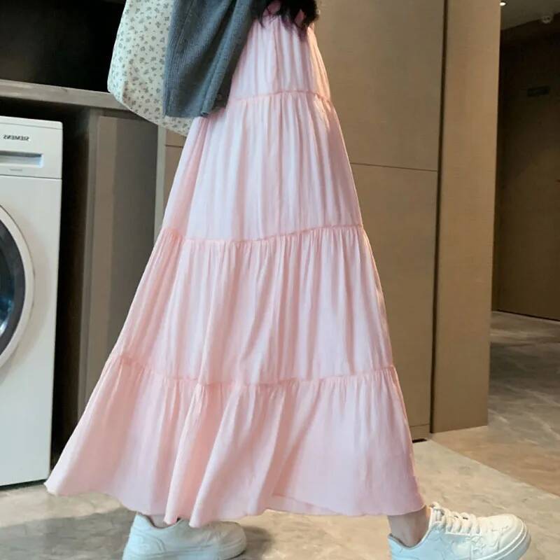 Spring Summer Women Long Fashion High Waist Elastic Patchwork A-Line Skirt Casual All-Match White Cake Maxi Skirts Female dongdumaoyi