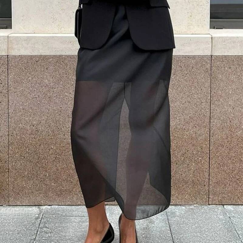 Tornova Black Mesh Skirts For Women Double-layer Design Sexy Perspective High Waist Slit Hip Skirt Female Thin Loose New Summer dongdumaoyi