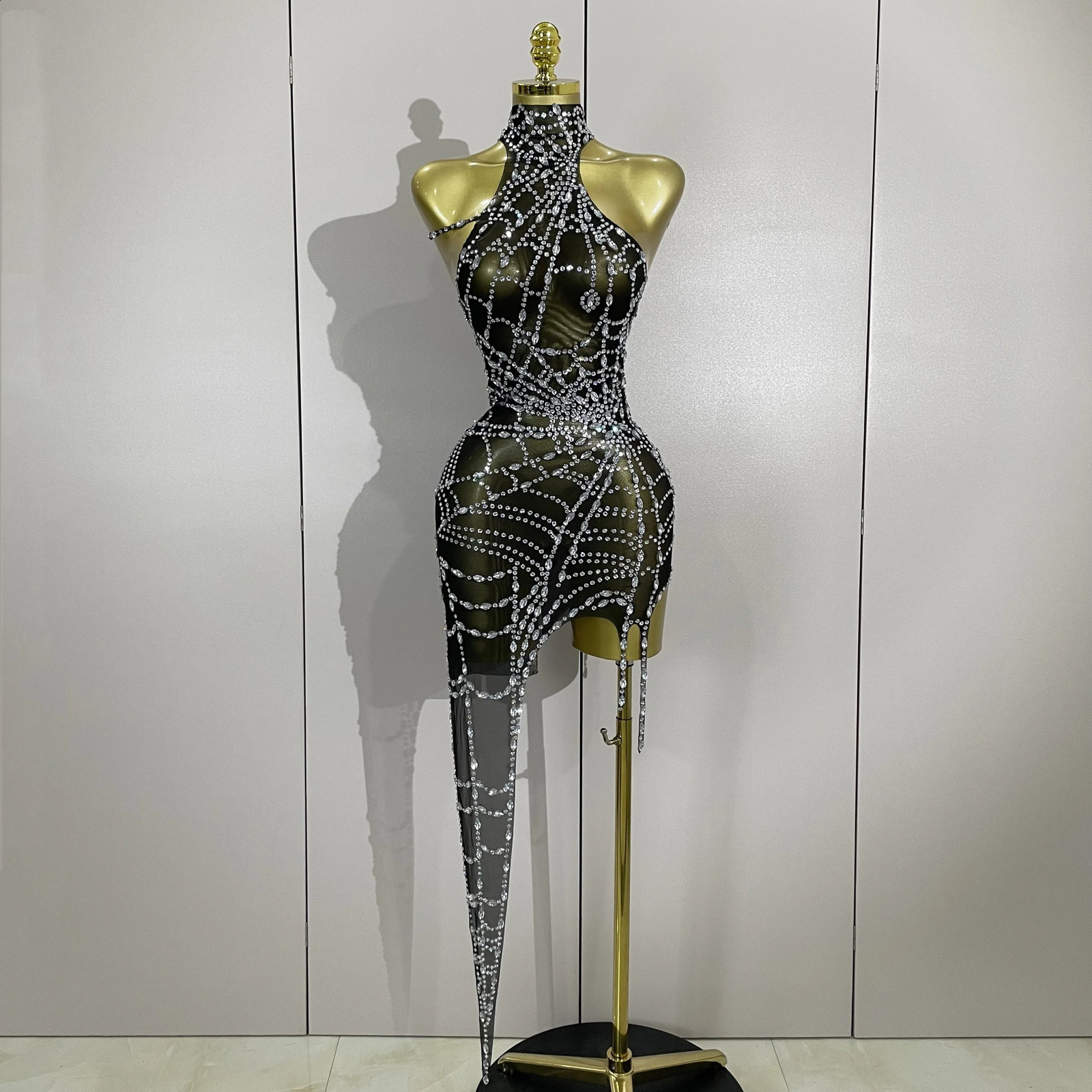 STOCK Sparkly Diamond Sexy Mesh Asymmetric Bodycon Mini Dress Women Nightclub Bar Party Show Gogo Dancer Clothing Stage Costume250906