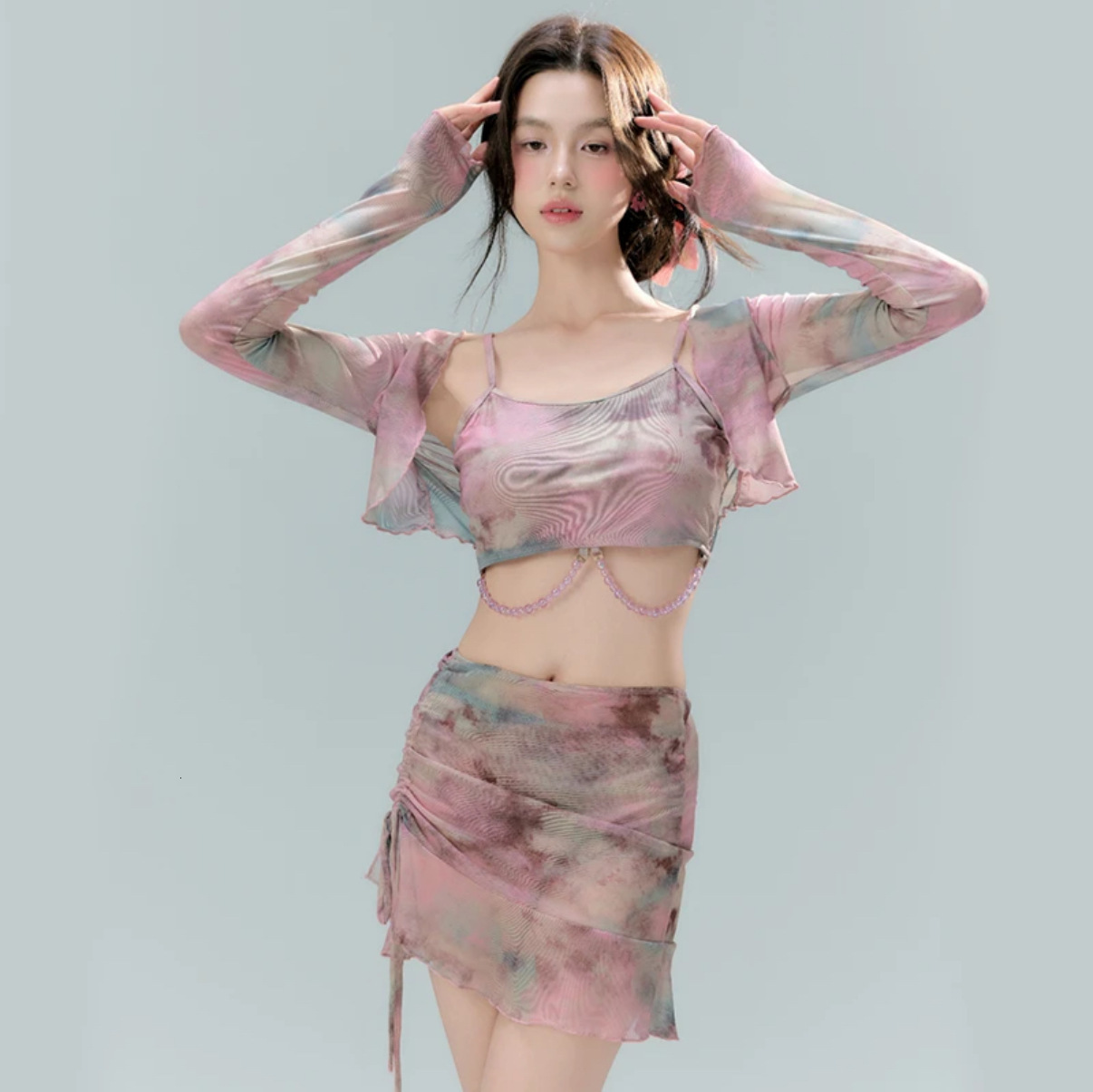 Korean INS Swimsuit for Women, High-End Two-Piece Four-Piece Set, Tie-Dye with Long Sleeve Cover-Up, Slimming Internet Celebrity Style Swimwear