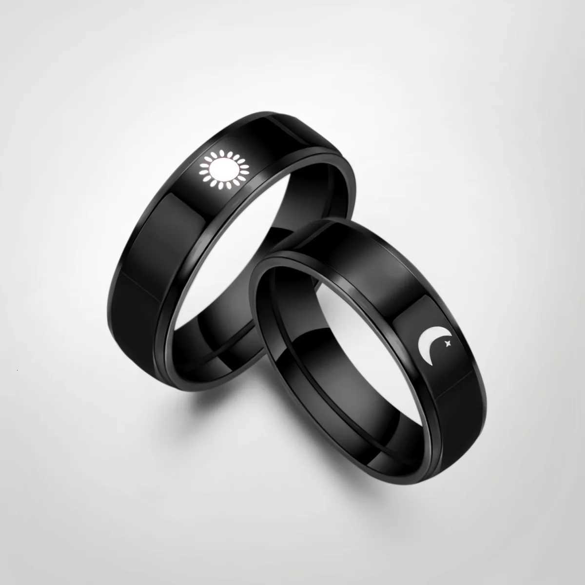Black Color Stainless Steel Sun Moon Couple Rings For Women Men Minimalist Trendy Star Moon Sun Knuckle Ring Anniversary Jewelry W250911