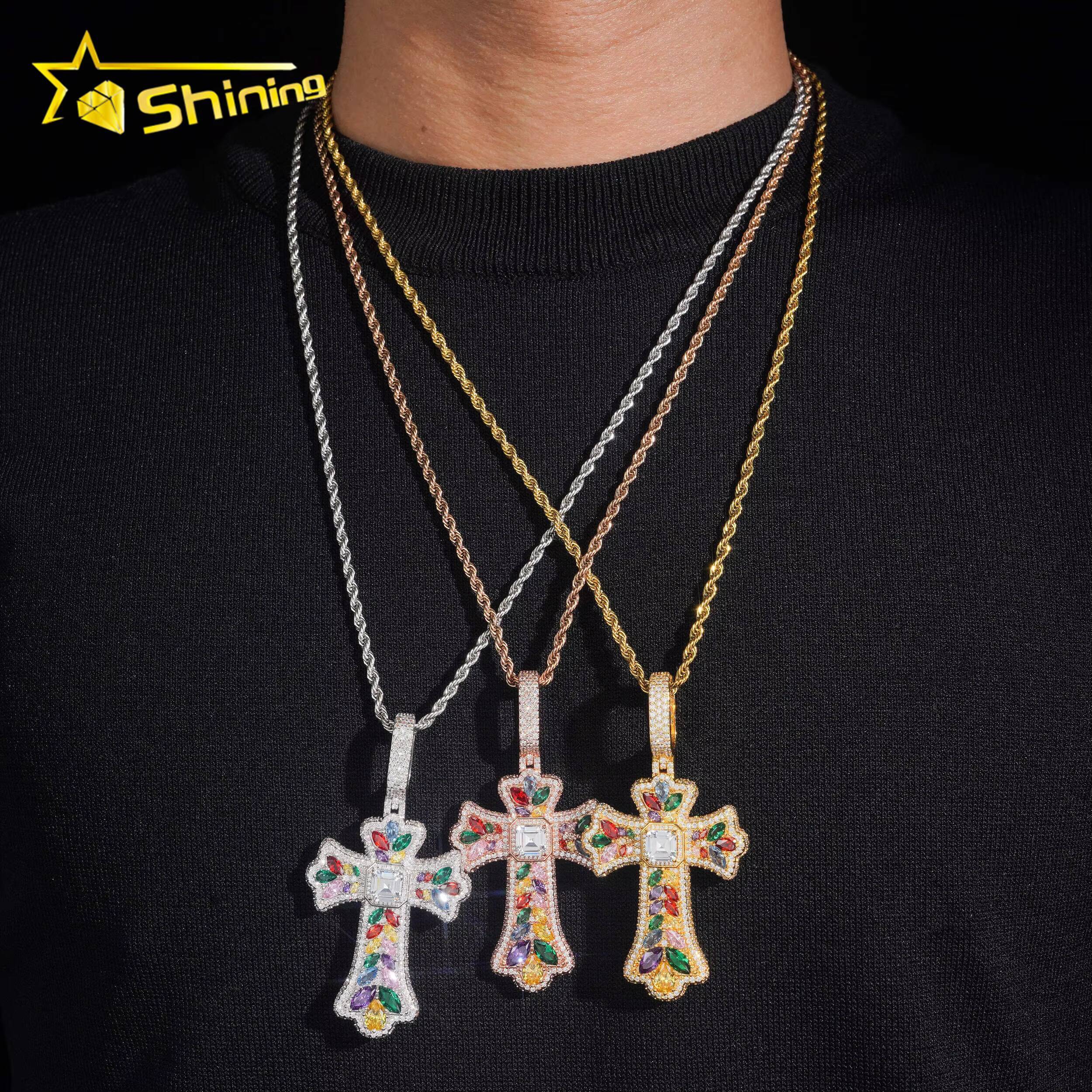 Fashion Hip Hop Pendant Jewelry Men Women Brass Iced Out Moissanite Diamond Cross Pendant Necklace Daily Wear