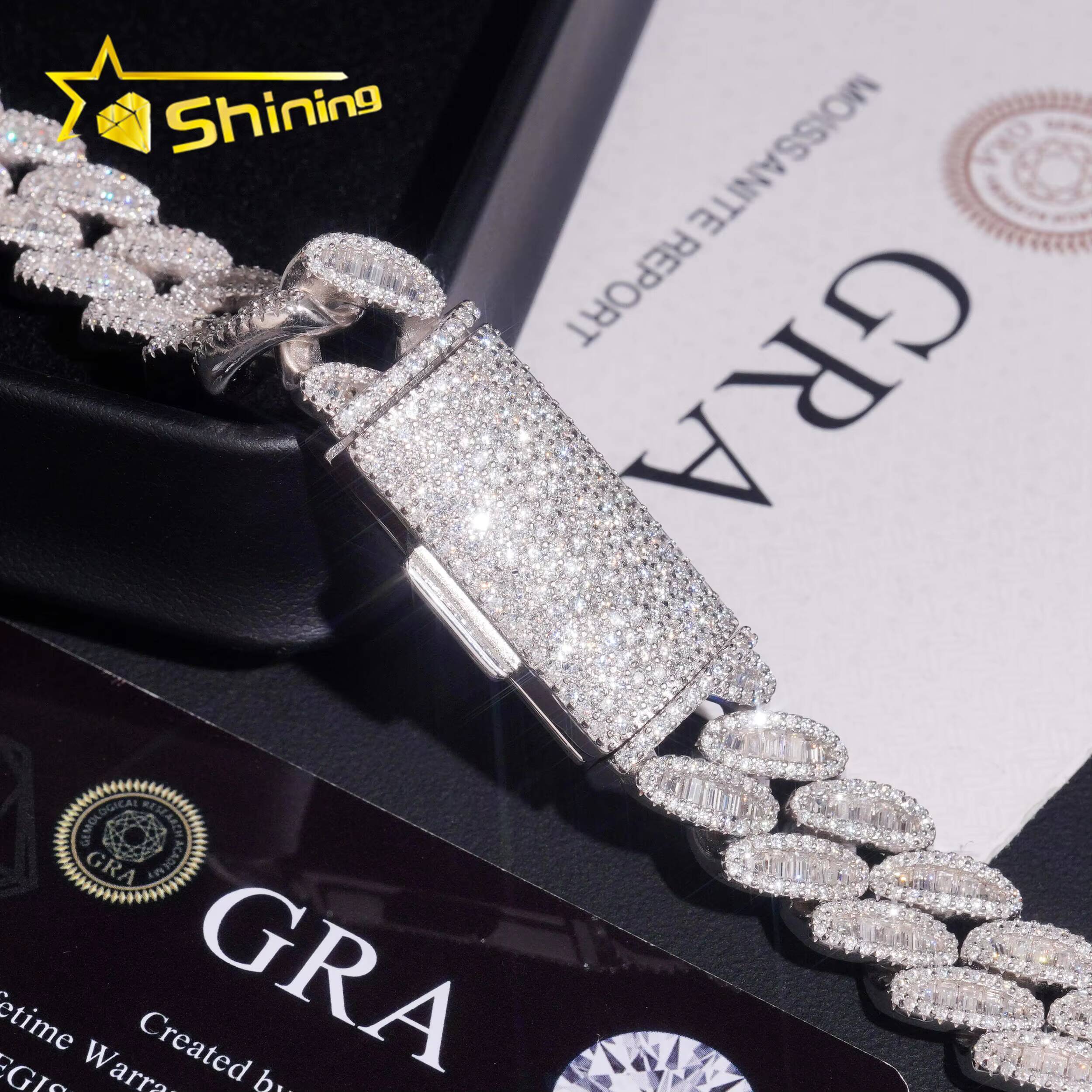 Pass Diamond Tester Men Jewelry Prong Setting Miami Iced Out Cuban Link Necklace 925 Silver 15MM VVS Baguette Moissanite Chain