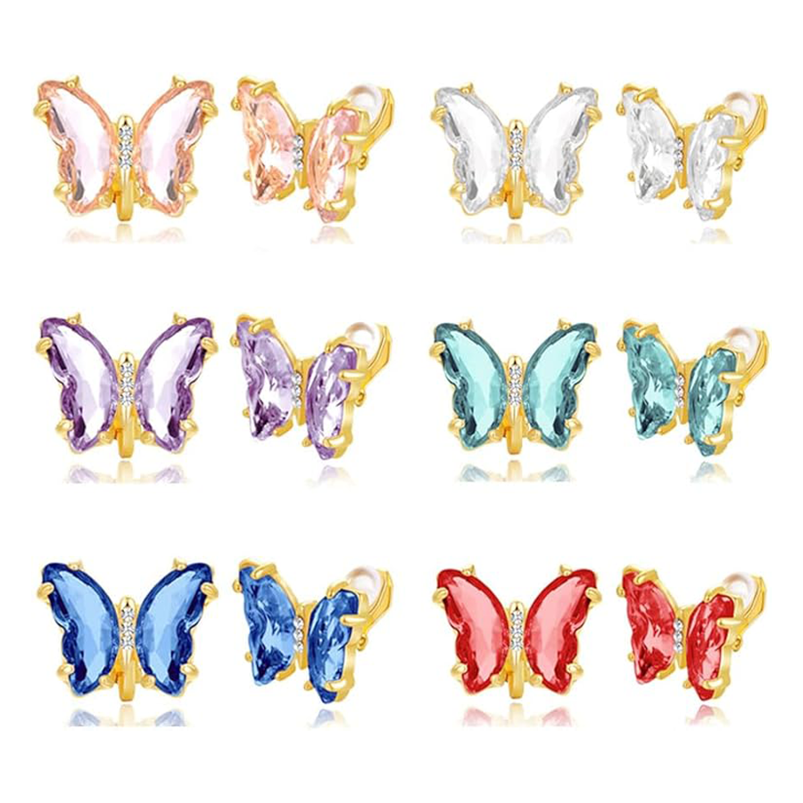 6 Pairs Butterfly Shape Crystal Clip on Earrings Non Pierced Stud Multicolored CZ Earrings for Women Gold Tone